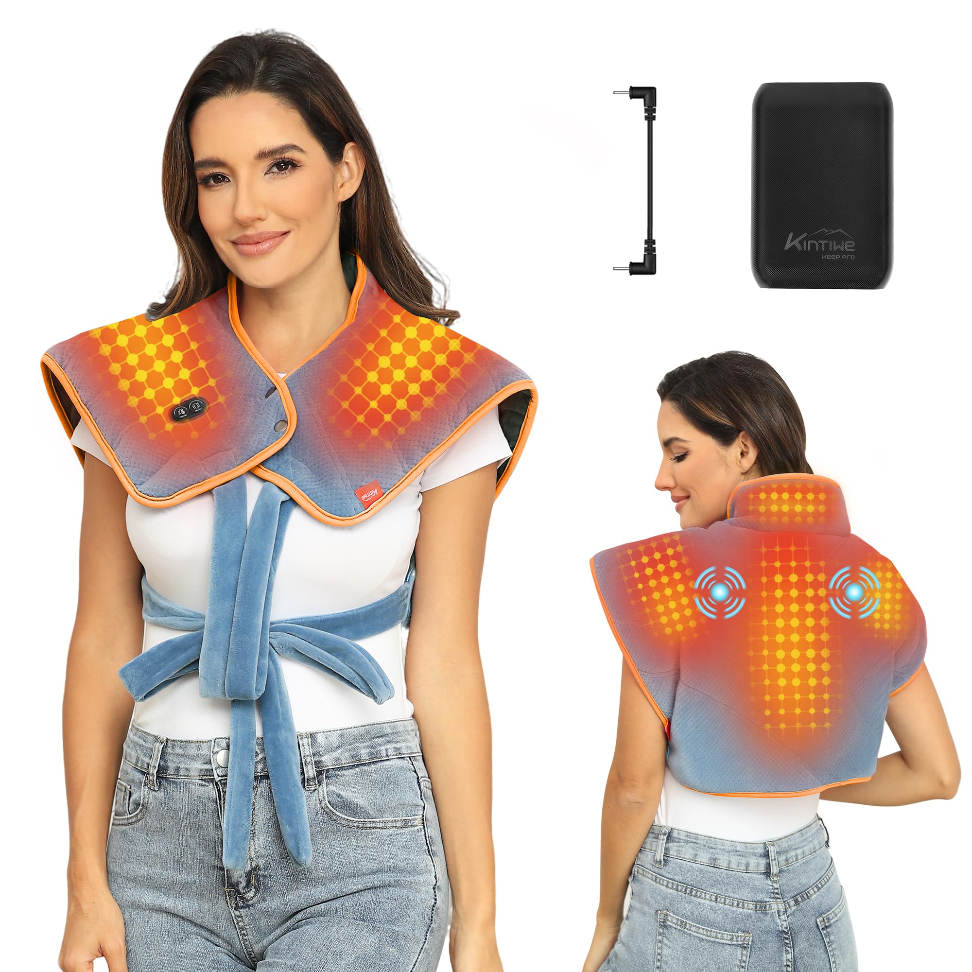 Heating Pad For Neck And Shoulders And Back With Battery,12V Cordless Heated Pad With Vibration Massager And 3 Heating Modes,Portable Weighted Electric Heat Pad,16.9'' X 23.6