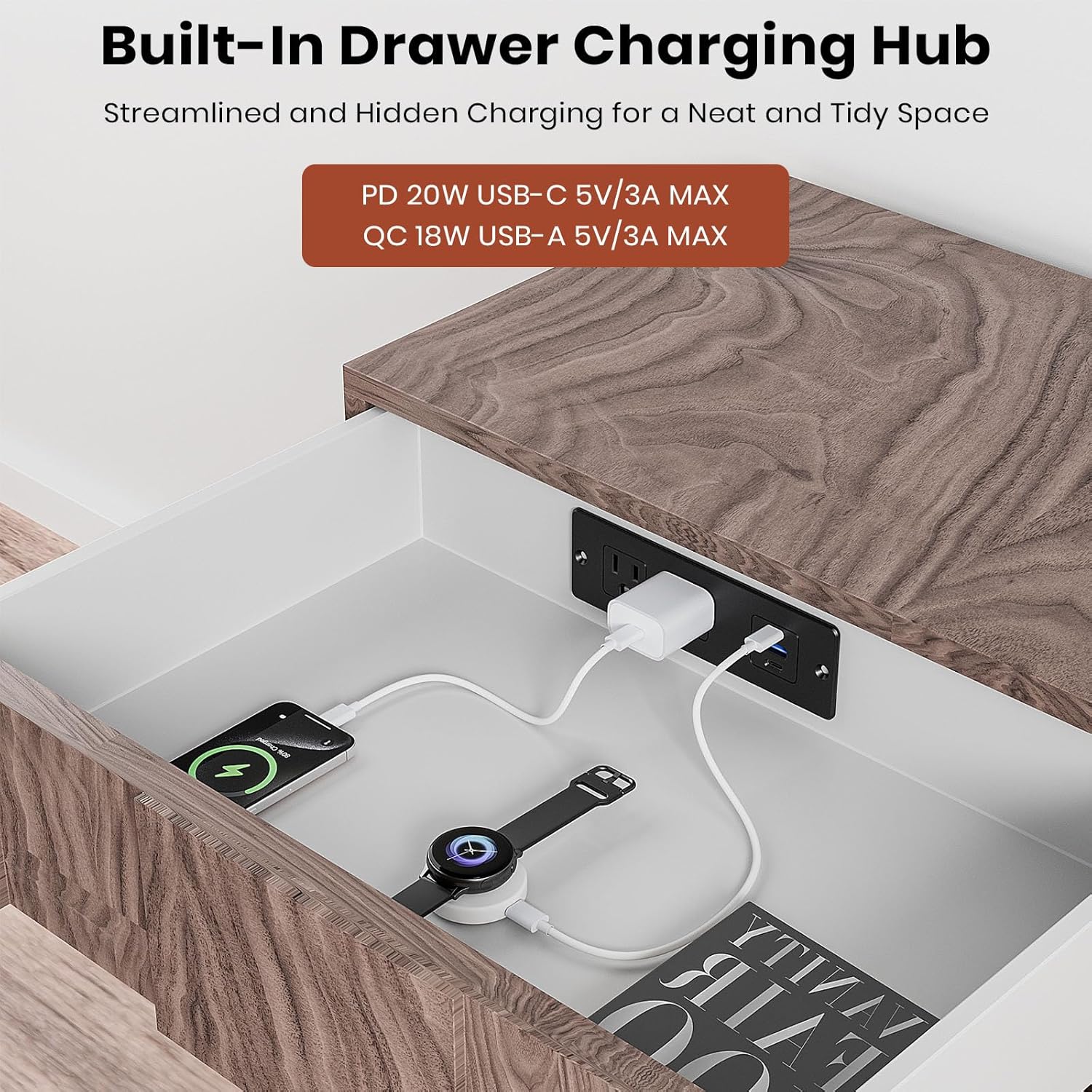 Recessed Furniture Drawer Outlet with 3 Fast-Charging USB Ports & 2 AC Outlets – 5 FT Spring Cord- Black