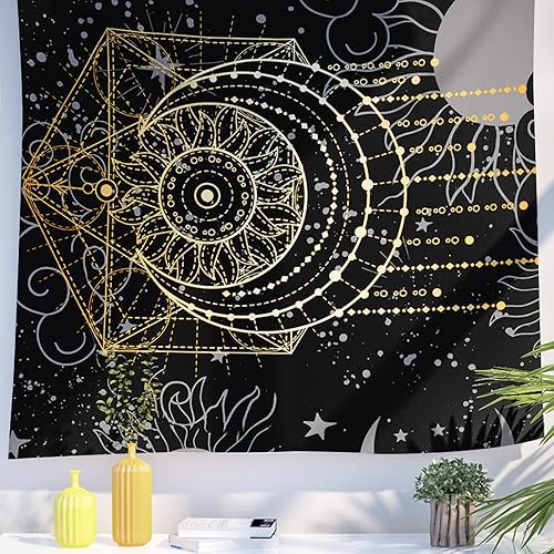 Berkin Arts Tapiz decorativo con signos místicos ocultos dorados, símbolos para colgar en la pared, telón de fondo estético, sol, luna, estrella,