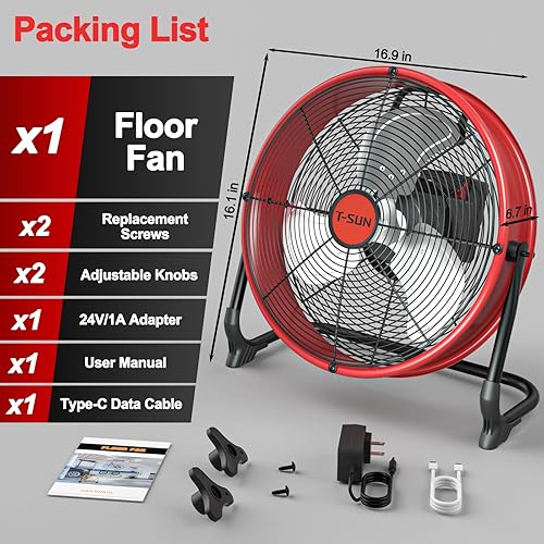 Miniatura 7 de T-SUN Ventilador de piso de batería de 12 pulgadas compatible con batería Milwaukee, ventilador portátil con adaptador de CA y salida USB, Rojo