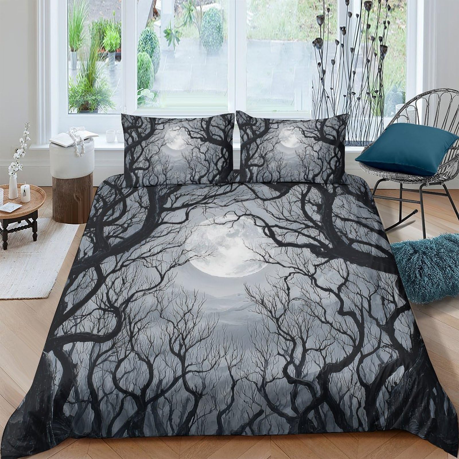Ctjqhvkz Style-3 3D Printed Moonlit Forest Fitted Sheet Microfiber Soft Black Tree Silhouette Mattress Cover Bedroom Decor Single（135X200cm）