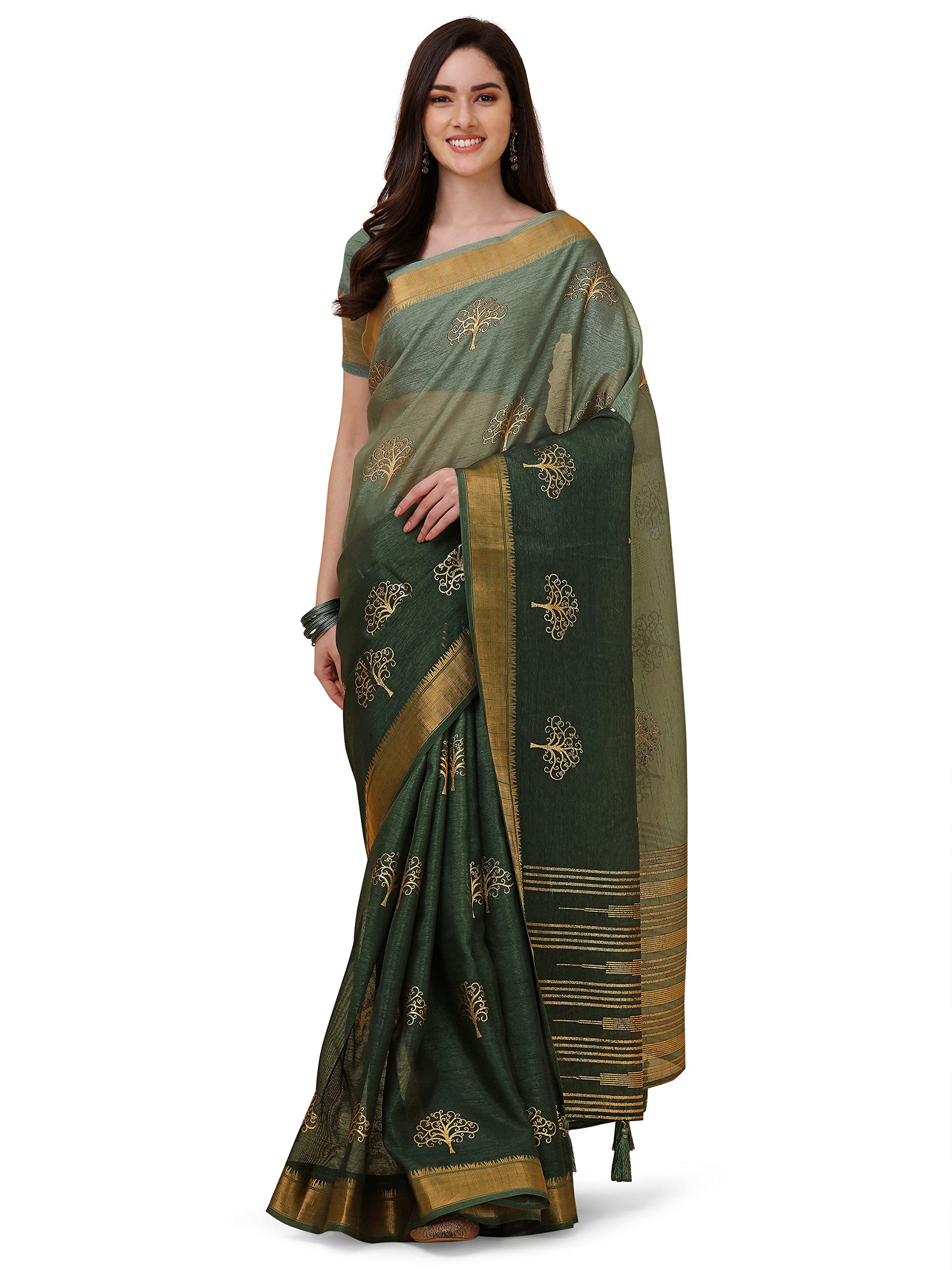 Rekha Maniyar Women's Tessar Silk Foil pedding Printed And Claasical Zumka Weaving Border Saree With Printed Unstitched Blouse Piece (MANMANDIR_PARENT)