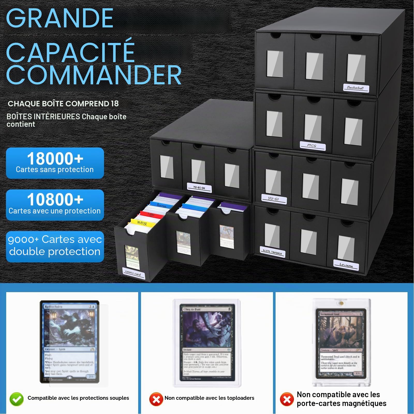 18 000+ Boîte de Rangement pour Cartes à Collectionner, Boîte à Cartes pour Cartes MTG Commander, MTG Deck Box avec 48 Séparateurs, Boîte à Cartes pour Cartes TCG, PTCG, MTG, Sports