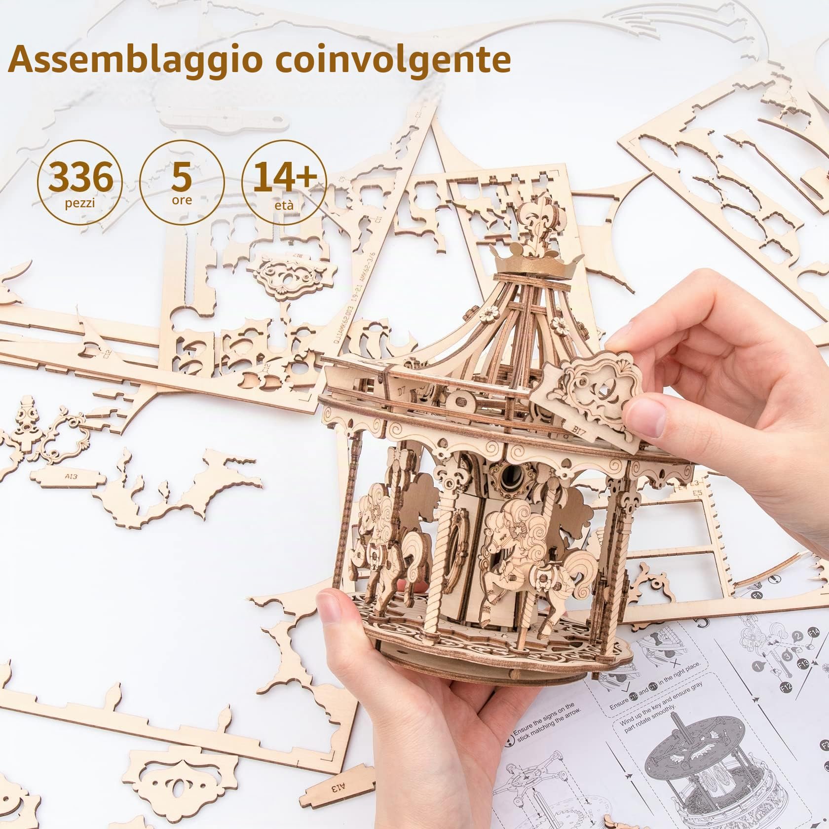 ROBOTIME Carosello in Legno Carillon Meccanico 3D Puzzle Kit Modello per Adulti, Regalo Fai da Te Laser