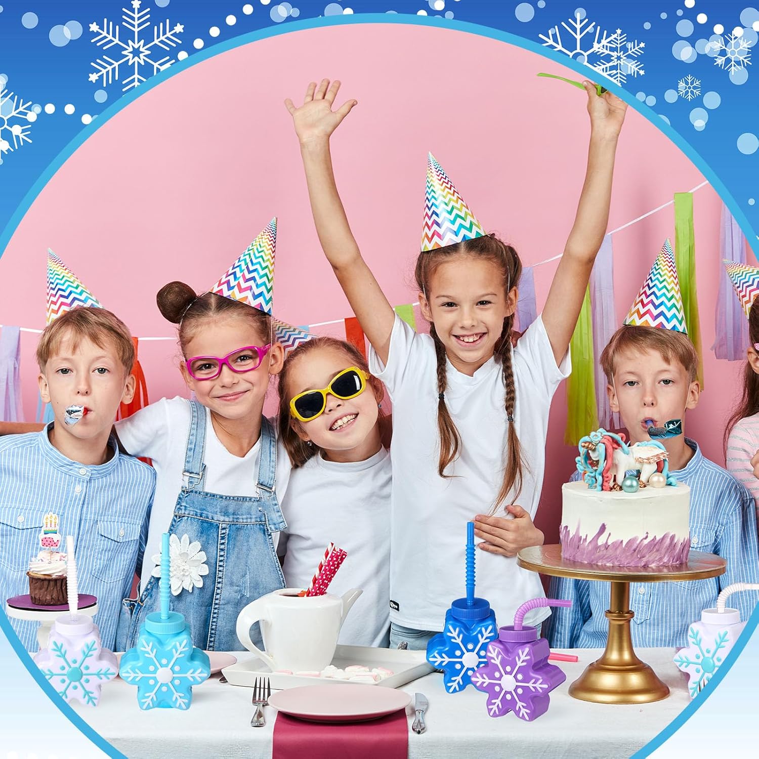 Sliner 12 Pcs Snow Themed Party Favor Winter Snowflake Cup with Straws, 10 oz Plastic Snowflake Shape Cup for Winter Iced Snow Flake Birthday Baby Shower Party Supplies - Image 6