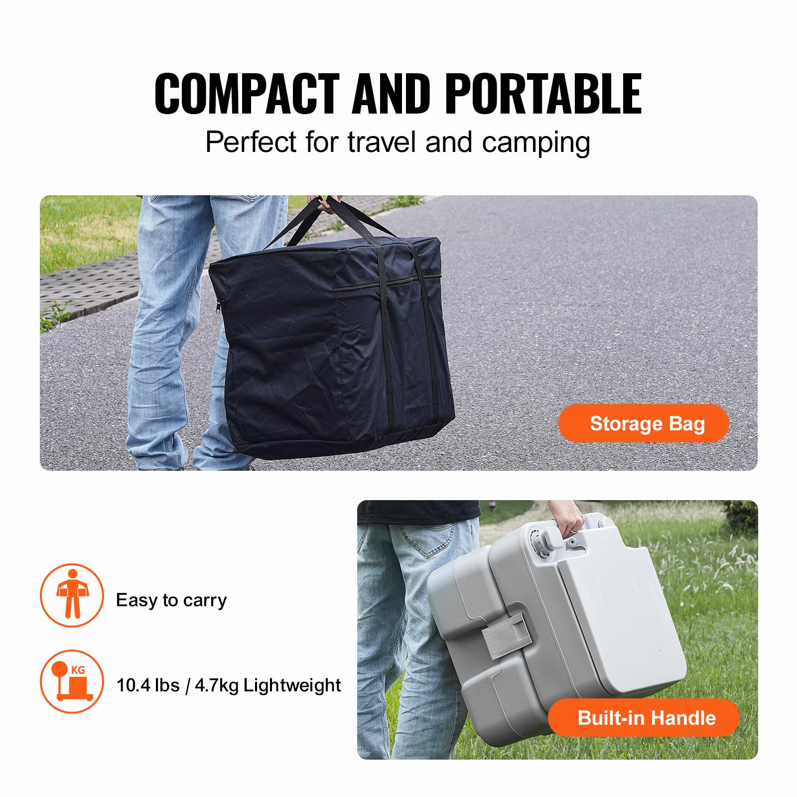 VEVOR Inodoro Portátil para Acampar con Bolsa de Transporte, Tanque de Desechos de 20 L y Tanque de Descarga de 12 L, Presurizado con Botón, a Prueba de Fugas, para Autocaravana, 430 x 340 x 420 mm