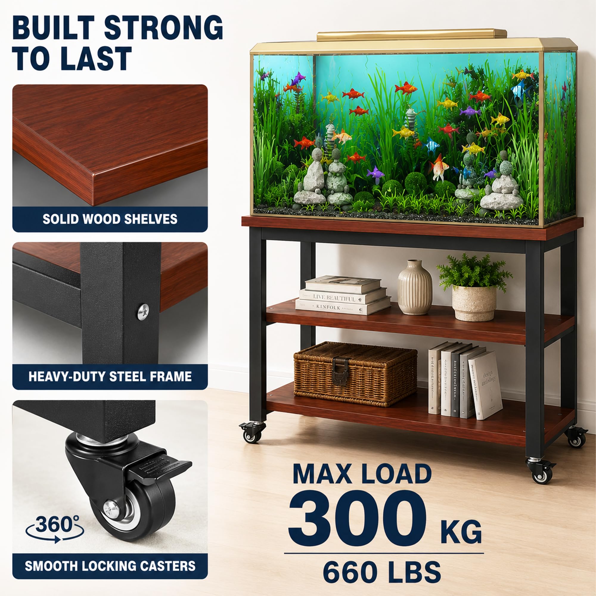 JSWHYBD Mueble soporte pecera terrario resistente con ruedas | Mesa doble nivel almacenamiento para peces tortugas reptiles, exhibición salón oficina dormitorio(G,150L)
