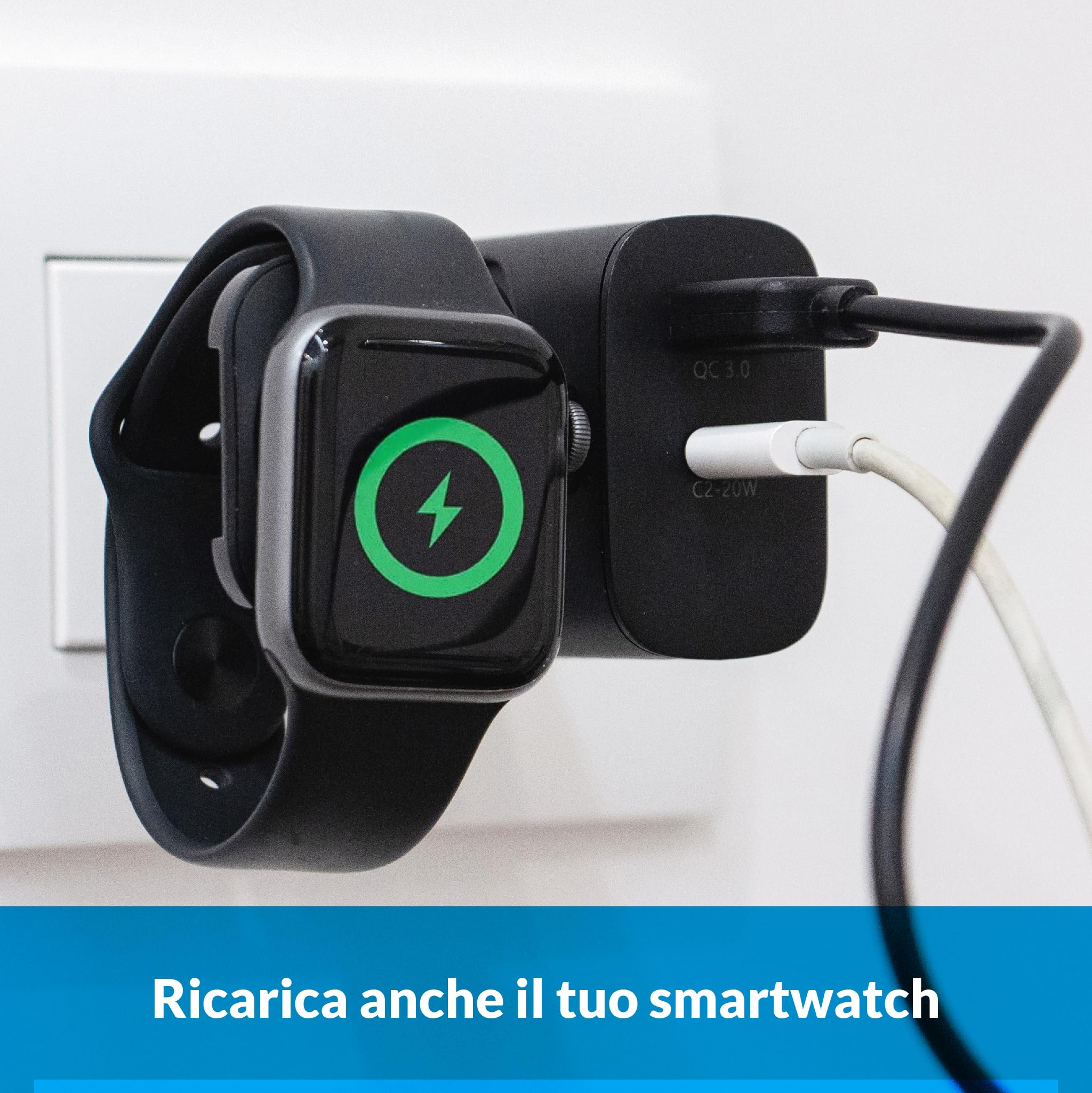 Alimentatore 3-in-1 23W Veloce con Supporto Pieghevole – Caricatore USB Multiplo con Ricarica senza fili per Smartwatch, Smartphone e Auricolari, Stazione di Ricarica Compatta da Viaggio