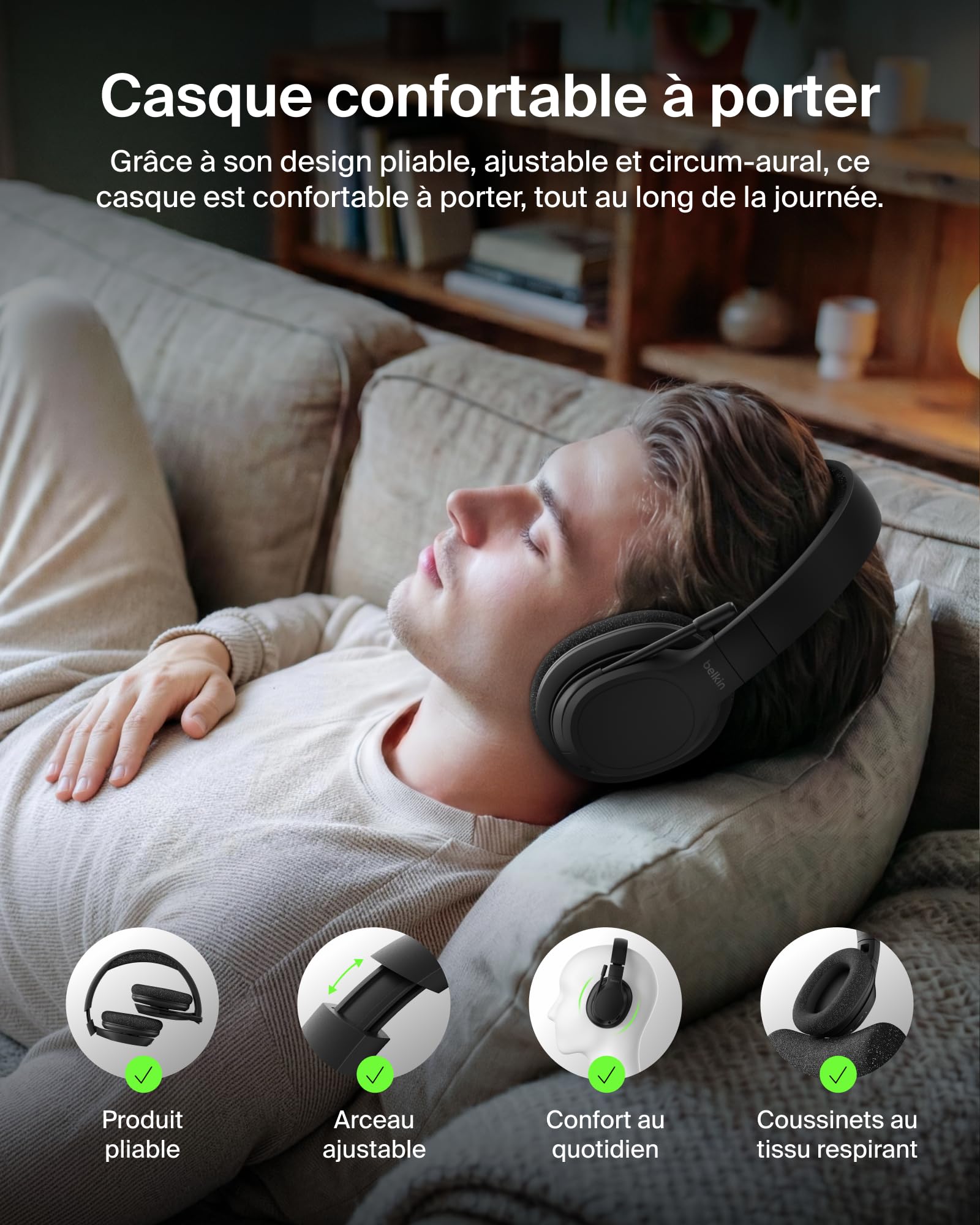 Belkin SoundForm Adapt Casque Audio sans Fil Circum-Aural avec Micro - Noir | Bluetooth 5.2, Micro Orientable Intégré, Connexion Multipoint, ENC, Autonomie de 65h, Recharge rapide