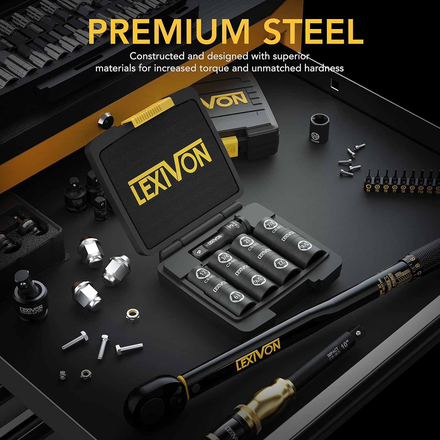 LEXIVON Torque Wrench 1/2-Inch Drive Click 10~150 Ft-Lb + Lug Nut Impact Socket Set, 1/2-Inch Drive | Innovative 8-IN-4 Flip Socket Design