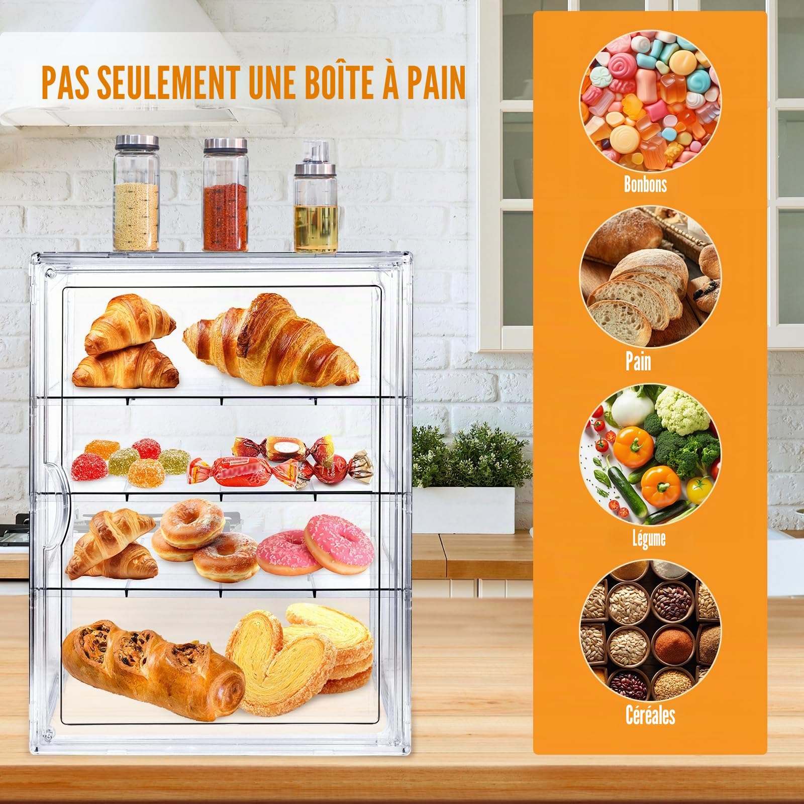 Présentoir à pâtisseries, boîte à pain pour comptoir de cuisine, 4 niveaux réglables, transparent, avec porte magnétique, présentoir pour comptoir de cuisine, support à pain