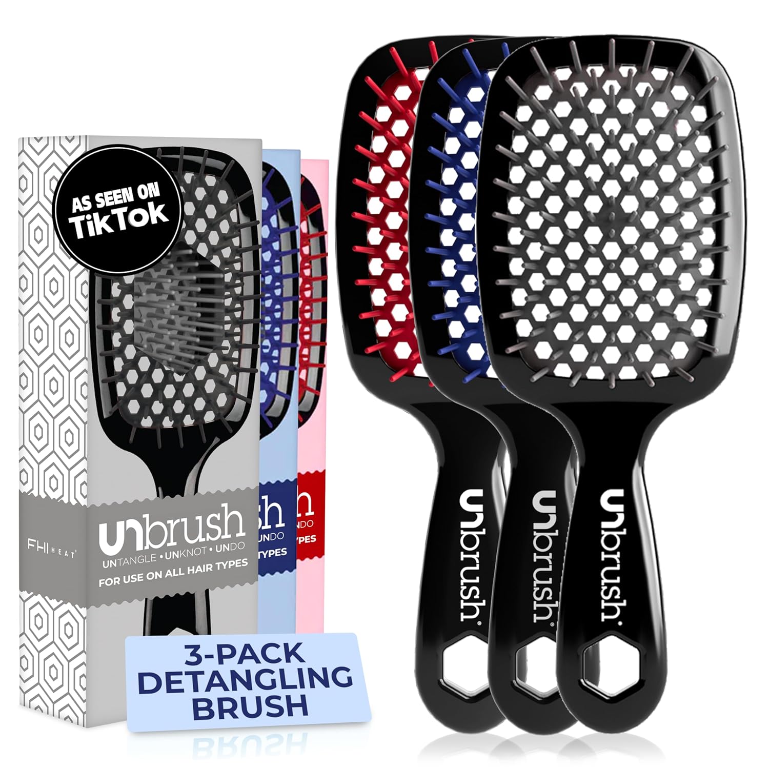 FHI Heat UNbrush Detangling Brush (3-Pack Bundle) — Hair Brush for All Wet/Dry Hair Types — Pain-Free Detangler Brush w/DuoFlex Anti Static Bristles — Lightweight Travel Hair Brush (Black/Red/Blue)