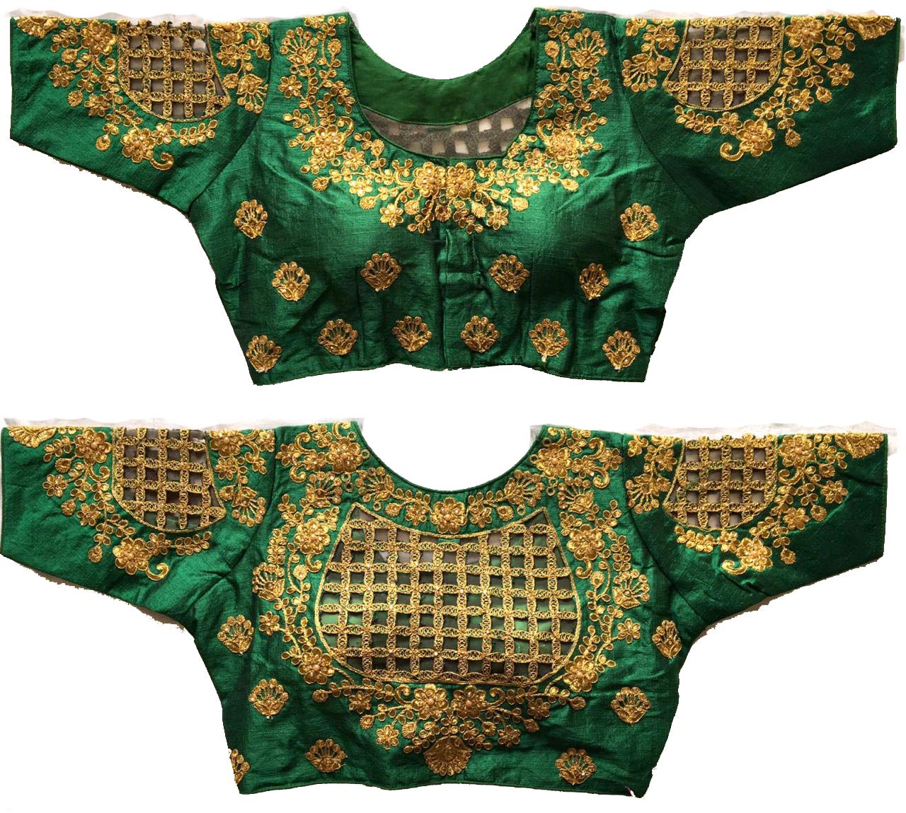 Vihu Fashion Women's Phantom Silk Checkered Half Sleeve Saree Blouse (Checks Mix_Dark Green_38)