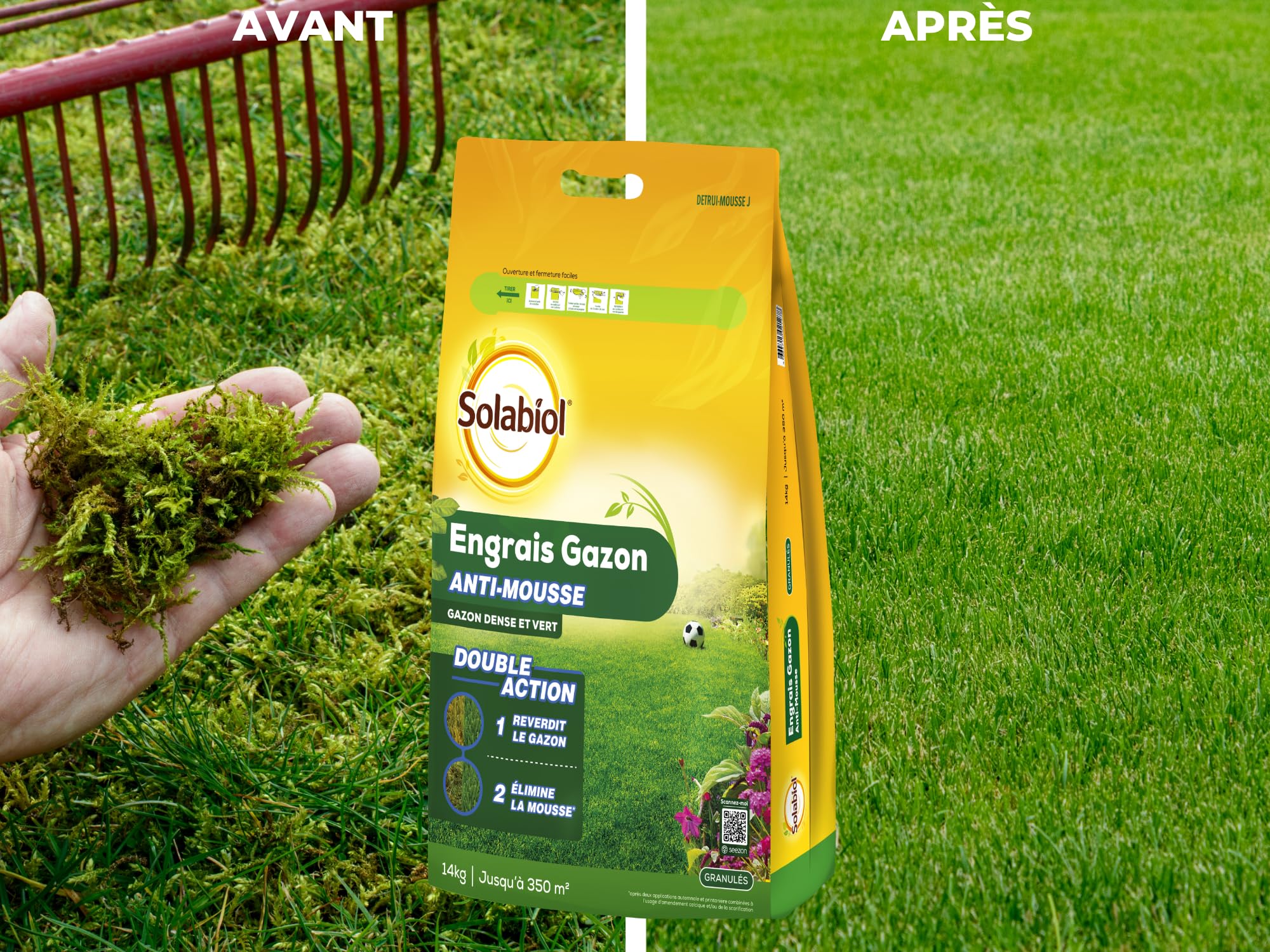 SOLABIOL Engrais Gazon 14 Kg Double Action 350m² Granulés Anti-Mousse