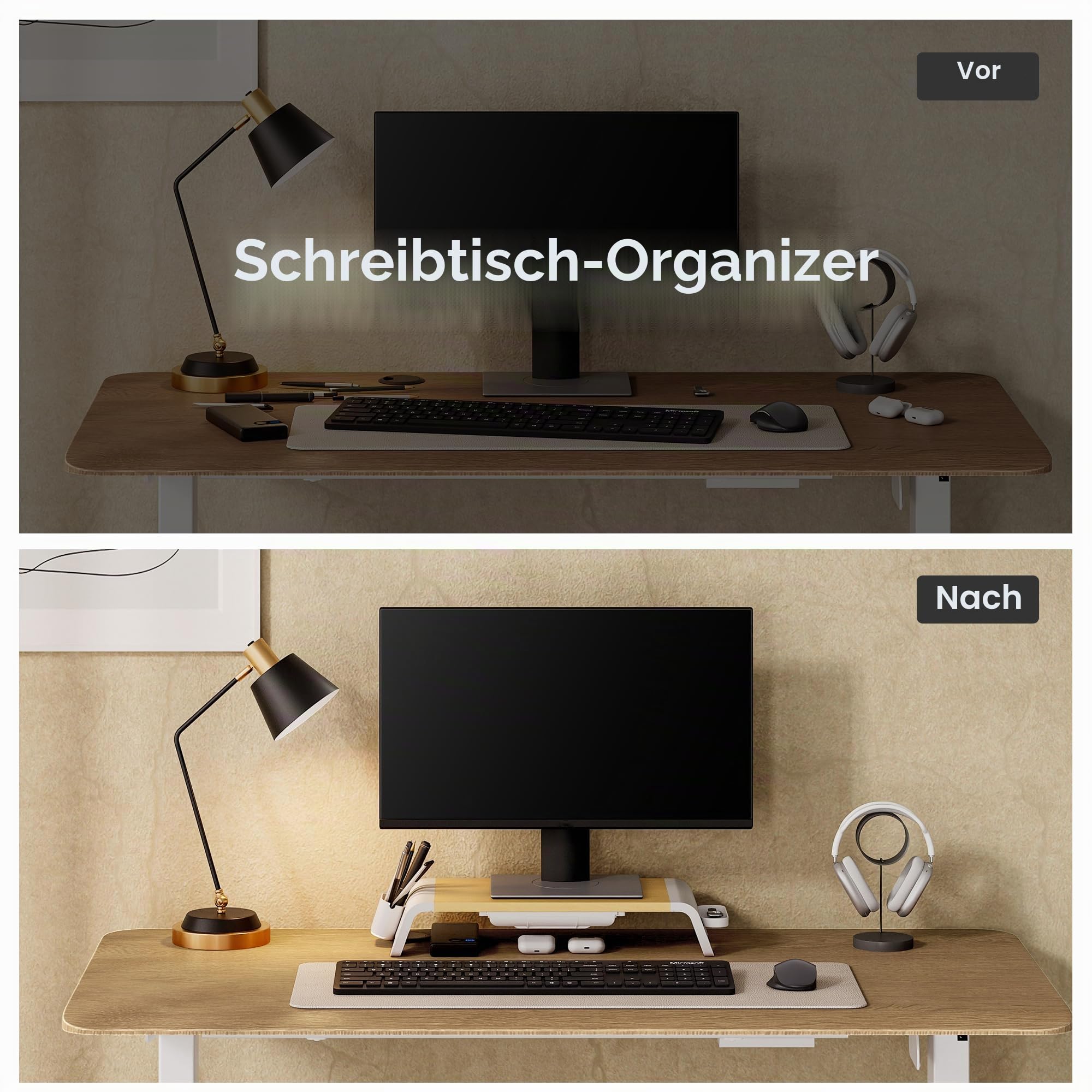 Fenge Monitorständer,mit Schublade und Telefonhalter,Buchefarben | Bildschirmständer,Laptopständer,Keine Installation,Mit Stiftschlitz,für Home Office,52x23.5x8.9cm,Tragfähigkeit 25kg