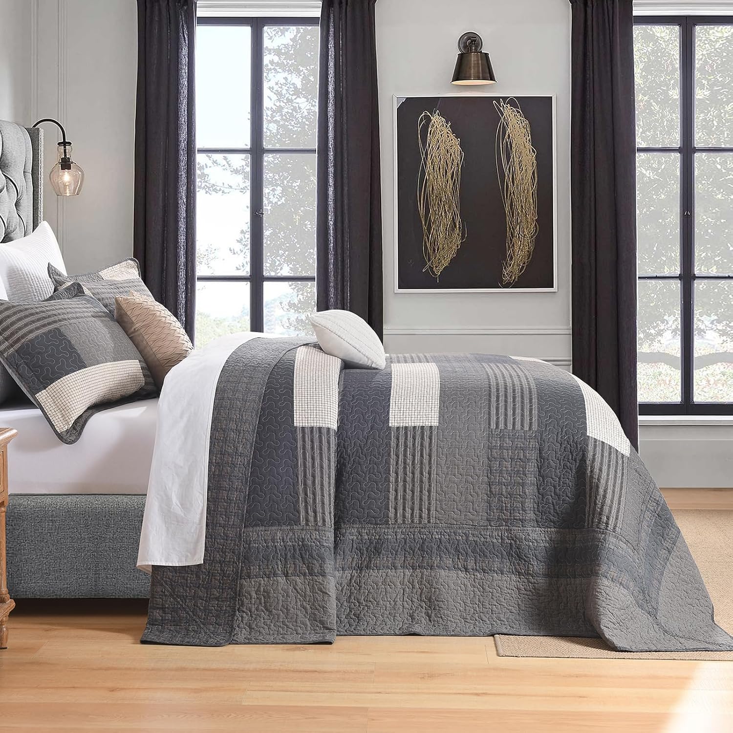 100% Cotton 128"x120" Oversized Quilt Bedspread, Plaid Pattern California King Extra Large Quilt Bedding Set, Cal King XL Bed Spread Lightweight Comforter, Gray, 3Pcs