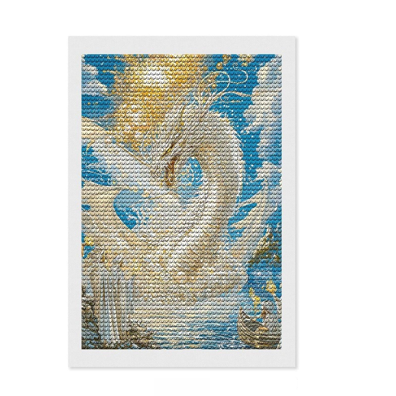 Junmoney Majestic White Dragon Fantasy Diamond Art Kit 8"x12", Christmas Gift, for Beginners, Easy Handmade Project, Bedroom Decor, Stress Relief Craft