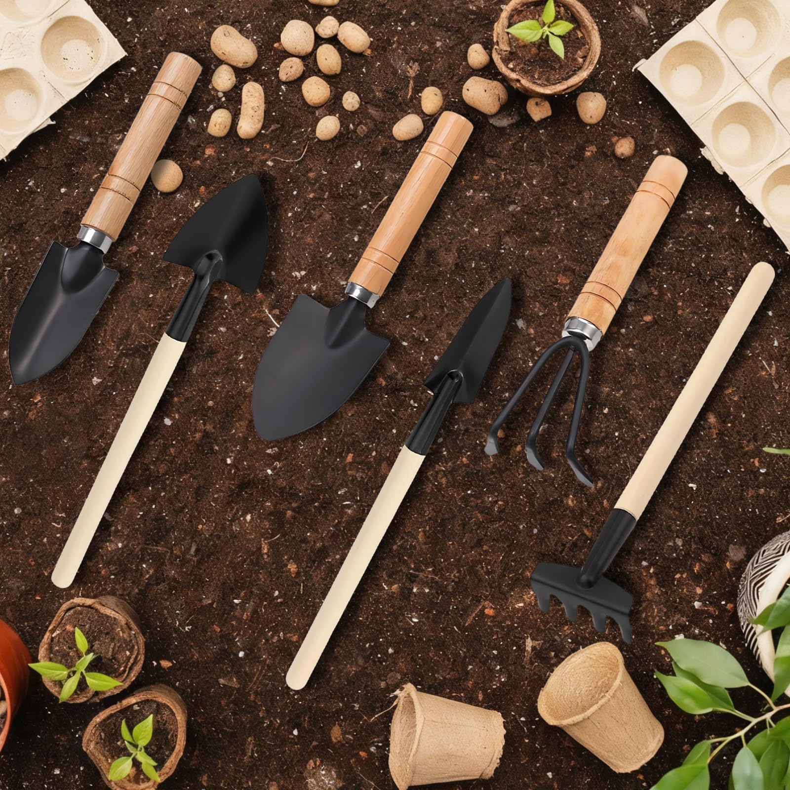 6 Juego de Herramientas de Jardín, Mini Herramientas Jardineria, Herramientas de Jardín Pequeñas, Kit de Jardinería Mango de Madera, Pala, Pala Pequeña, Rastrillo, para Suculentas, Plantas en Maceta