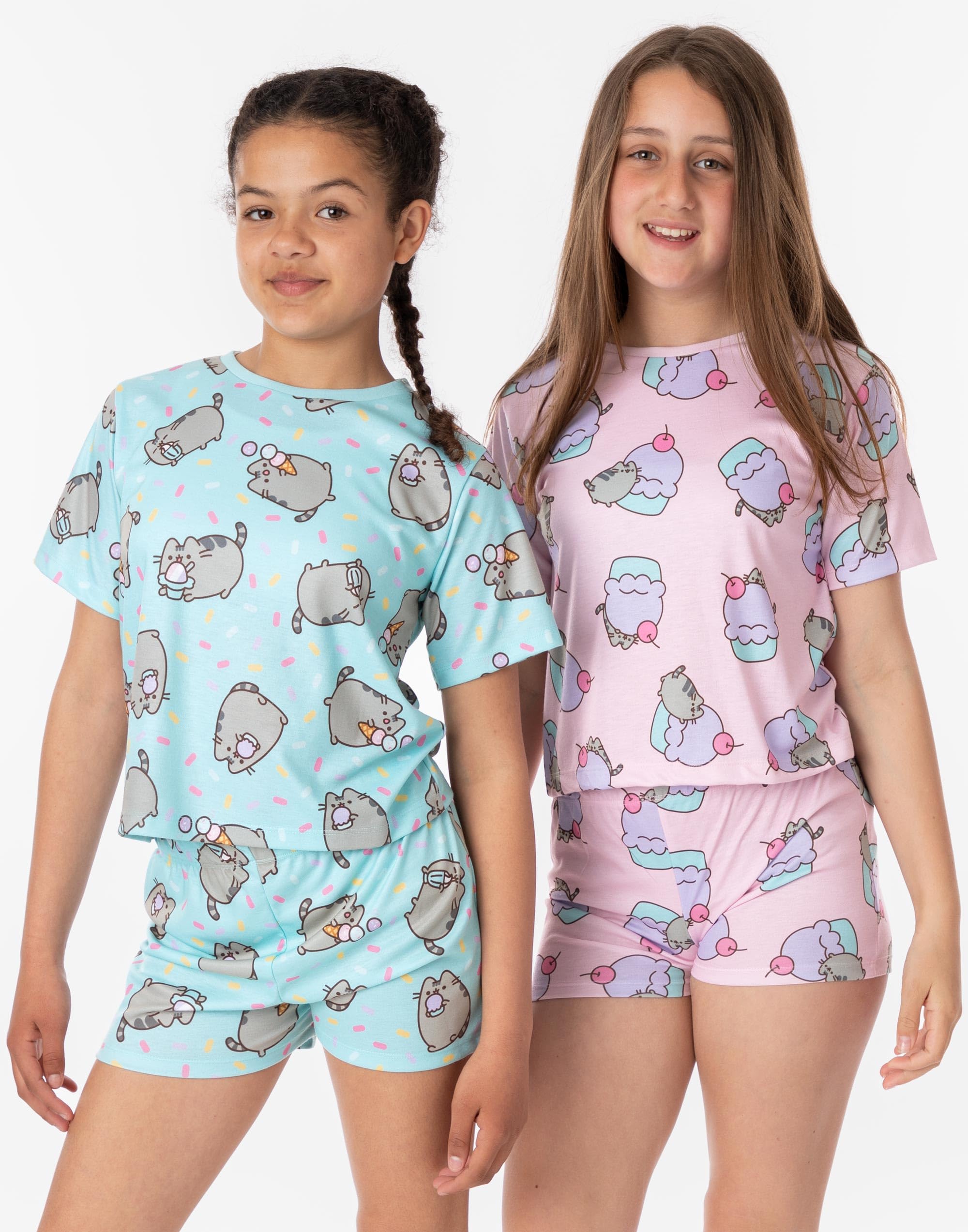 Pusheen Ensemble de pyjama pour fille | Lot de 2 t-shirts multicolores à manches courtes avec short pour enfants | Pyjama chat de dessin animé rose et bleu