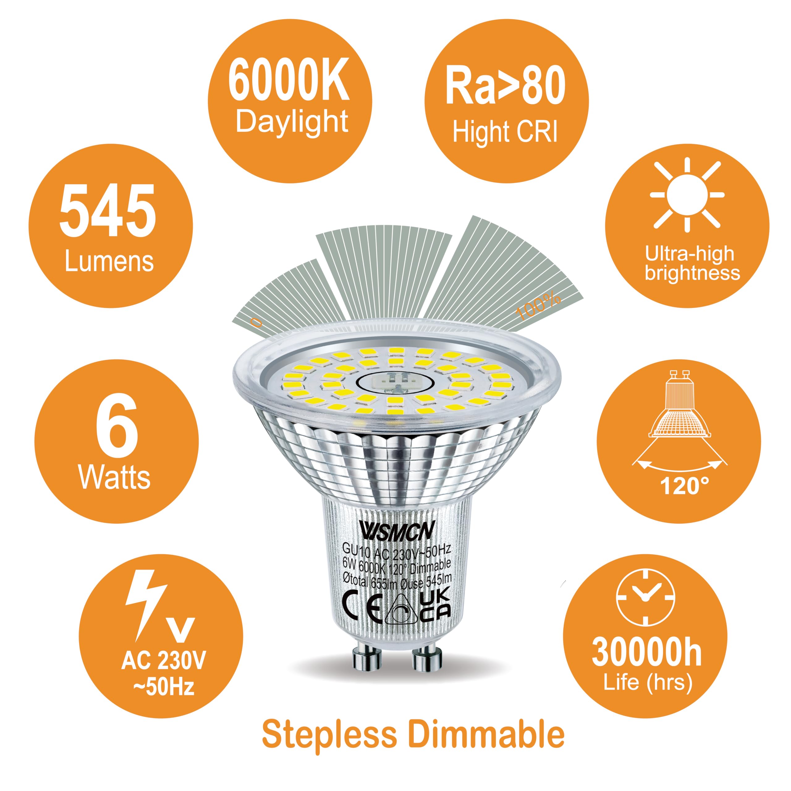 WSMCN GU10 LED Bulbs Dimmable 6W, Cool White 6000K 655LM, 75W Halogen Spotlight Bulb Equivalent, PAR16 Reflector Light Bulb - Image 3