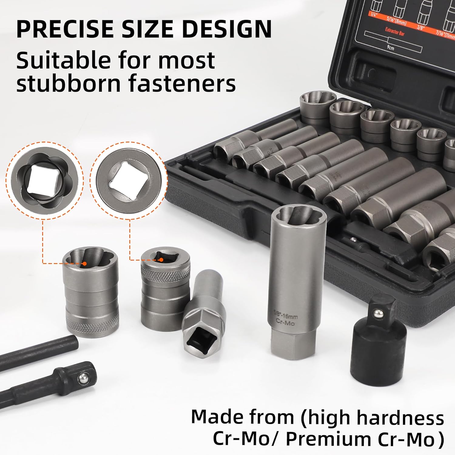 21 Bolt Extractor Set 3/8" Drive Bolt Extractor Kit, Lug Nut Removal Tool Stripped Lug Nut Remover for Broken Damaged Rounded-Off Bolts, Nuts, Bolts, Studs, Threaded Tubes