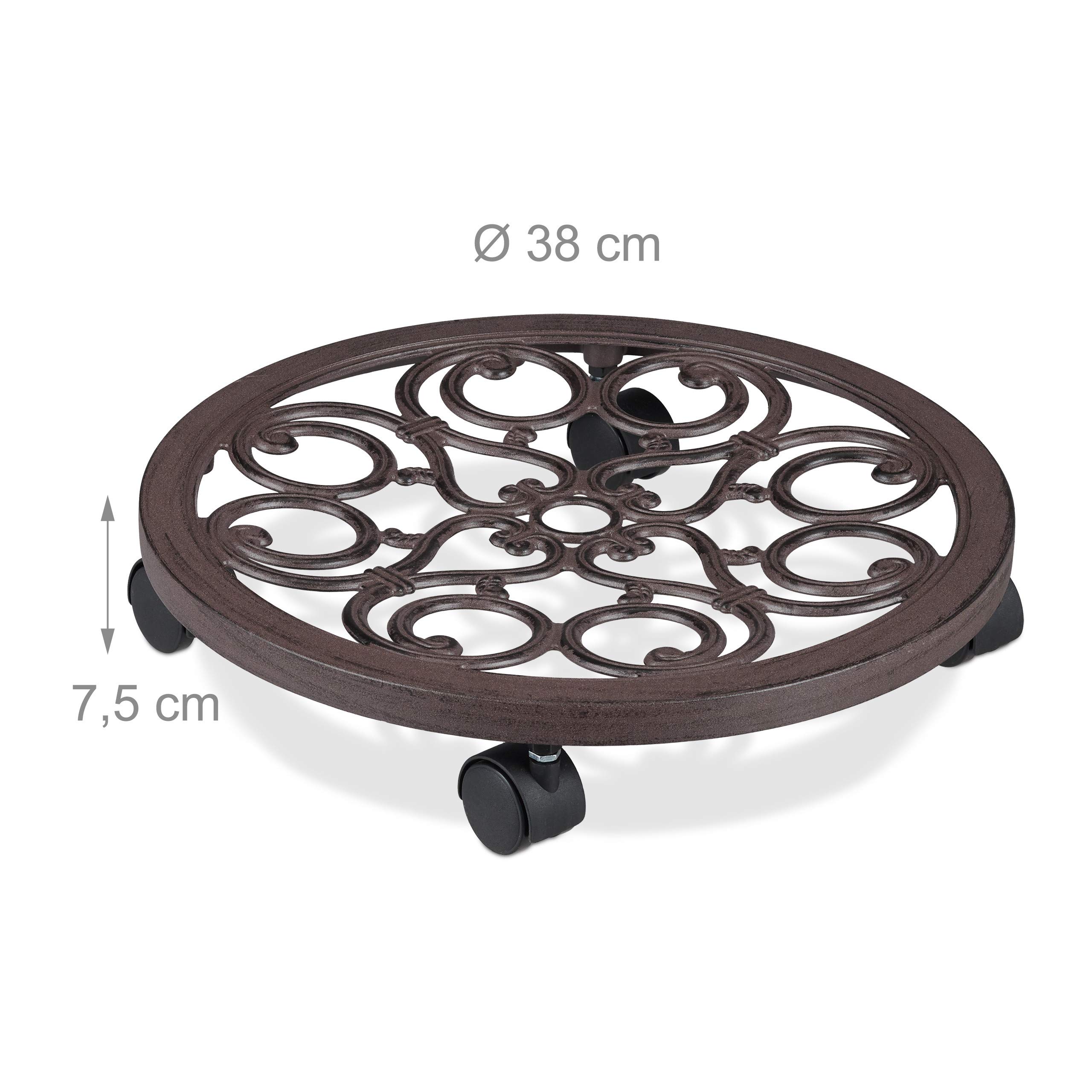 relaxdays Soporte para Macetas con Ruedas, Base Plantas Redonda de Interior y Exterior, 1 Ud., Ø 38 cm, Aluminio, Marrón