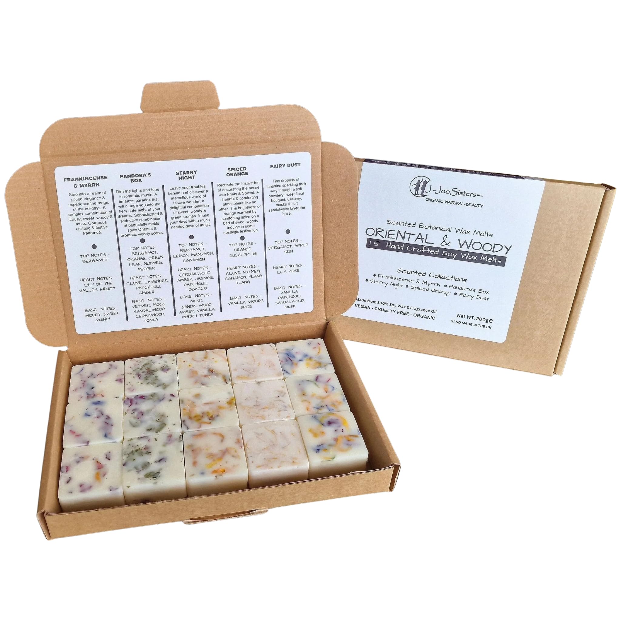 Oriental & Woody, Highly Scented Botanical Wax Melts Collections (15 x 13.5g Hand Crafted), Vegan Friendly & Cruelty Free