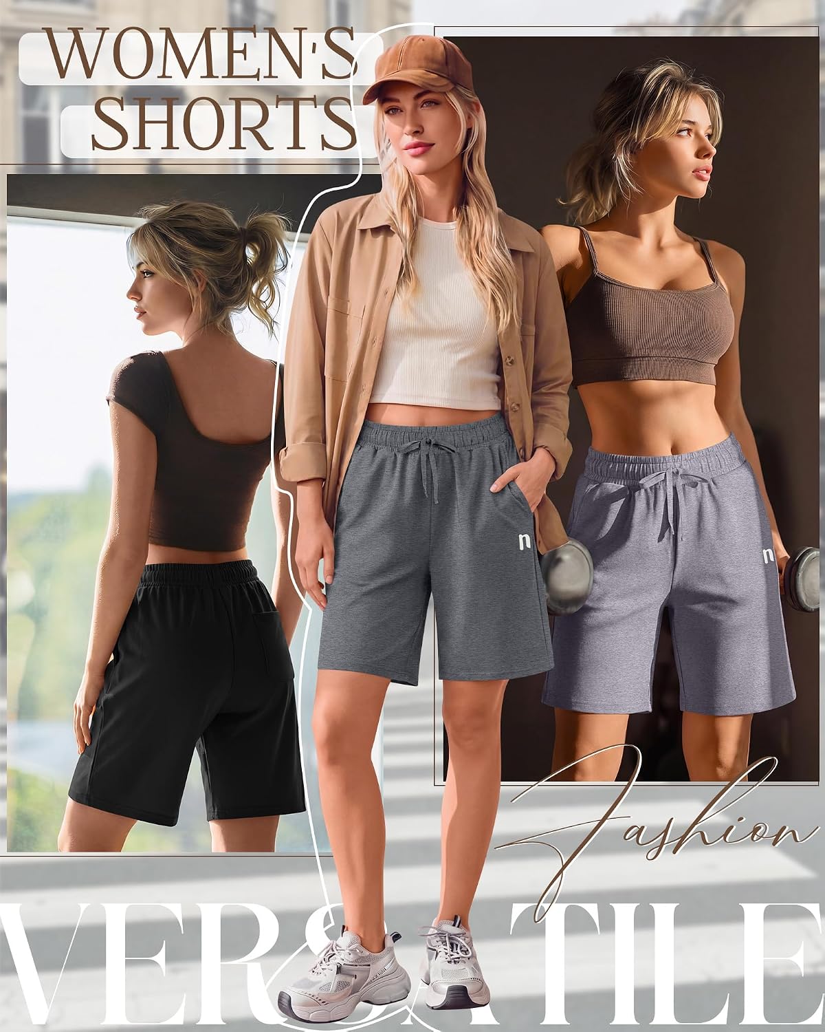 Neer 4 Pack Women's Bermuda Shorts Cotton High Waisted Drawstring Casual Loose Athletic Knee Length Shorts with Pockets