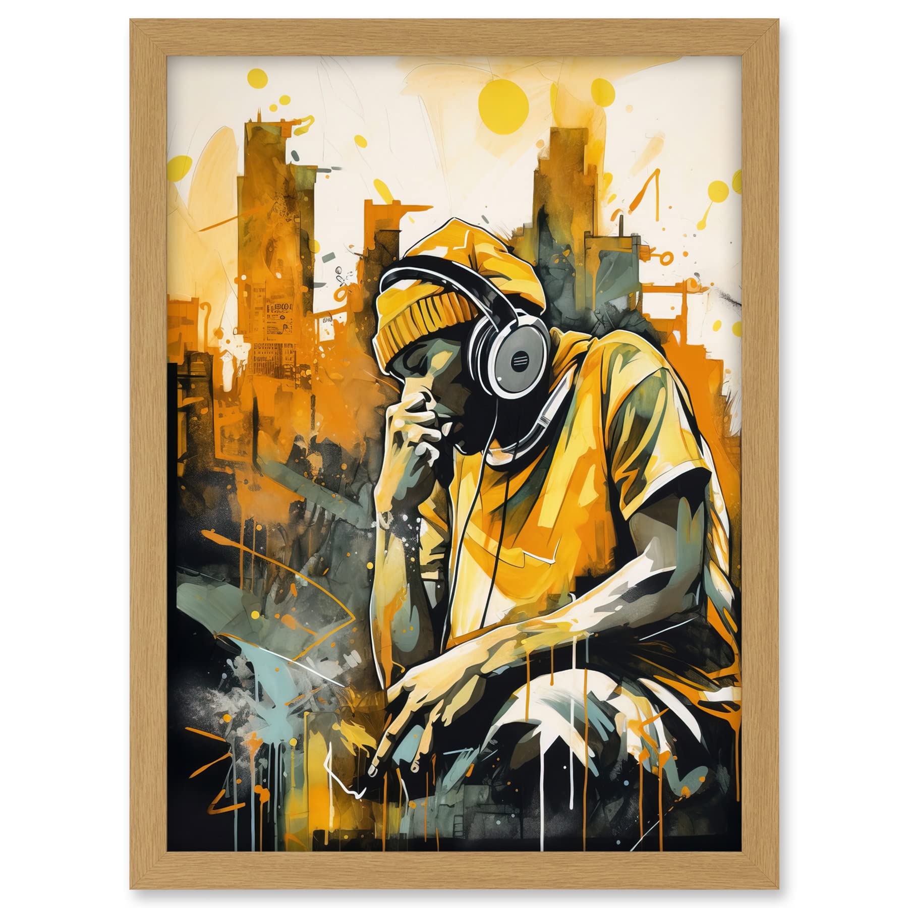 Artery8 Abstract Cityscape Young Man Wearing Headphones Listening to Music Modern Watercolour Illustration Artwork Framed A3 Wall Art Print