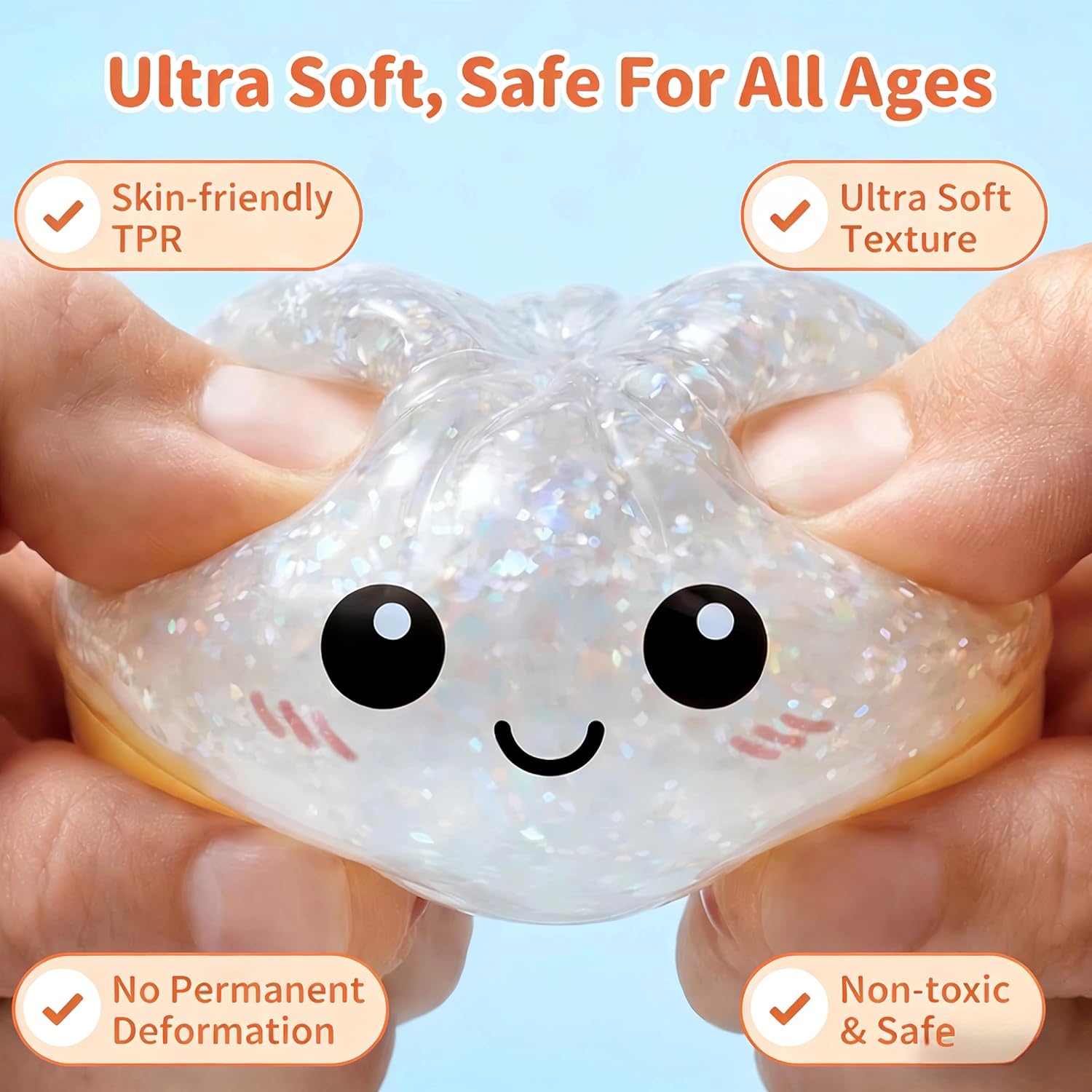 Glitter Dumpling Squishy Box, Stress Relief Squeeze for Adults, Anxiety Relief Fidget Toy for Office Desk, Relaxing Sensory Toy for Focus and Calm (Blue)