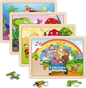 SYNARRY Large Animals Wooden Puzzles for Kids 3-5, 4 in 1 Gift Box(12.2 * 9.4 in), Jigsaw Puzzles Preschool Educational Brain Teaser Boards Toys, Children Gifts for 3 4 5 6 Year Old Boys Girls