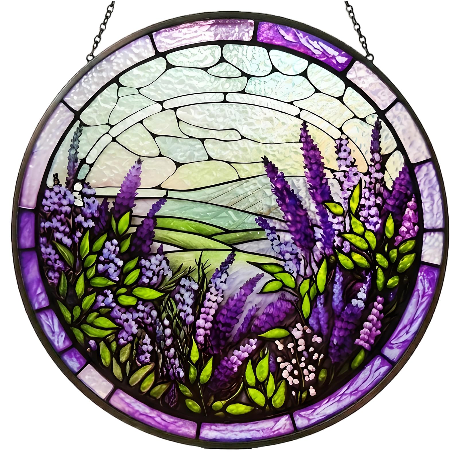 Lavender Stained Glass Window Hanging Suncatcher, Round Floral Landscape Panel, Purple Flower Window Decor for Home Garden Conservatory Wall, Nature Lover Mum Grandma Gift โ image 1