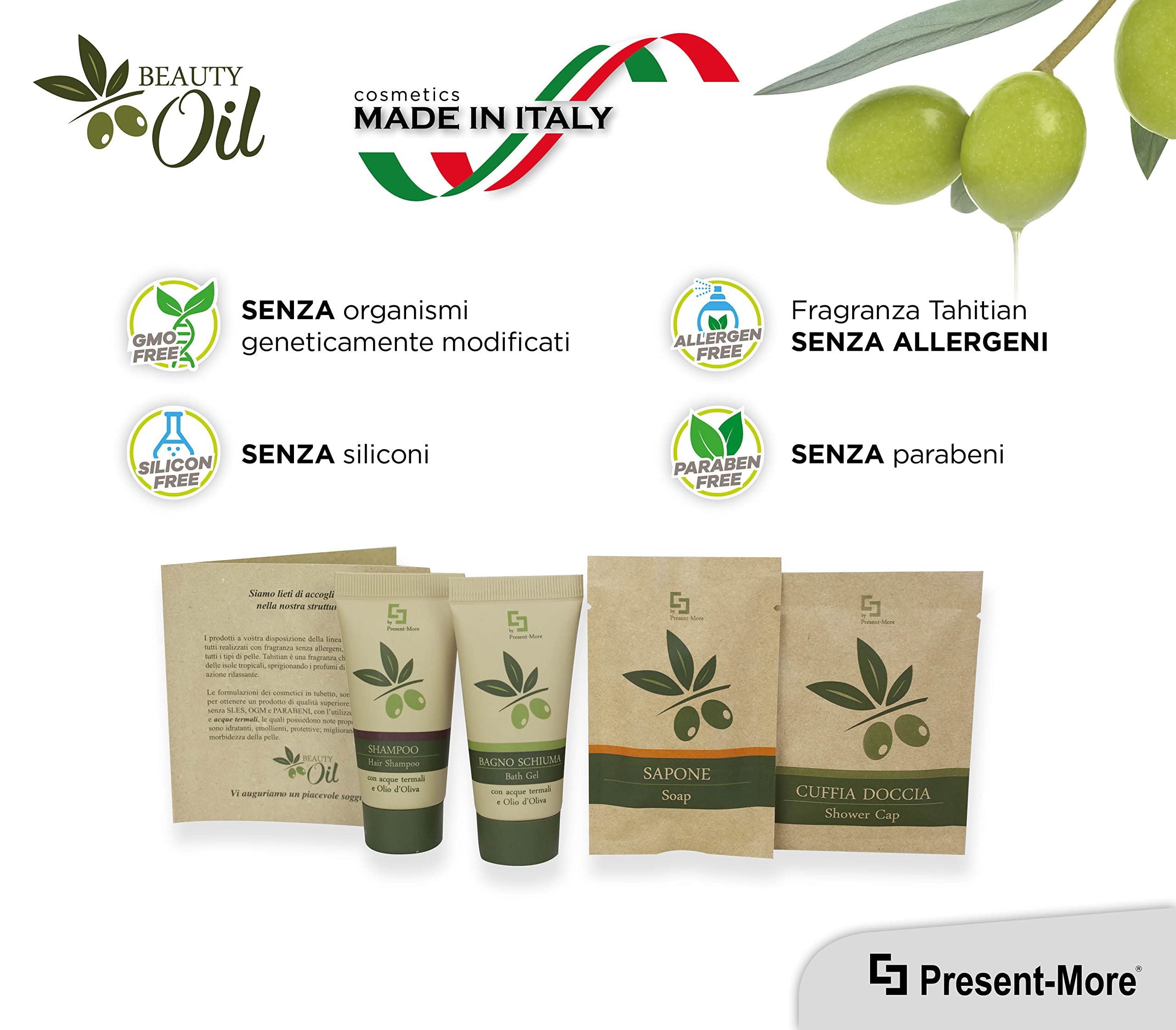 PRESENT-MORE - Set Cortesia 20 Ospiti Beauty Oil - Fragranza Tahitian - Contiene: Shampoo, Gel Doccia, Sapone e Cuffia - Made in Italy - Per Hotel e B&B