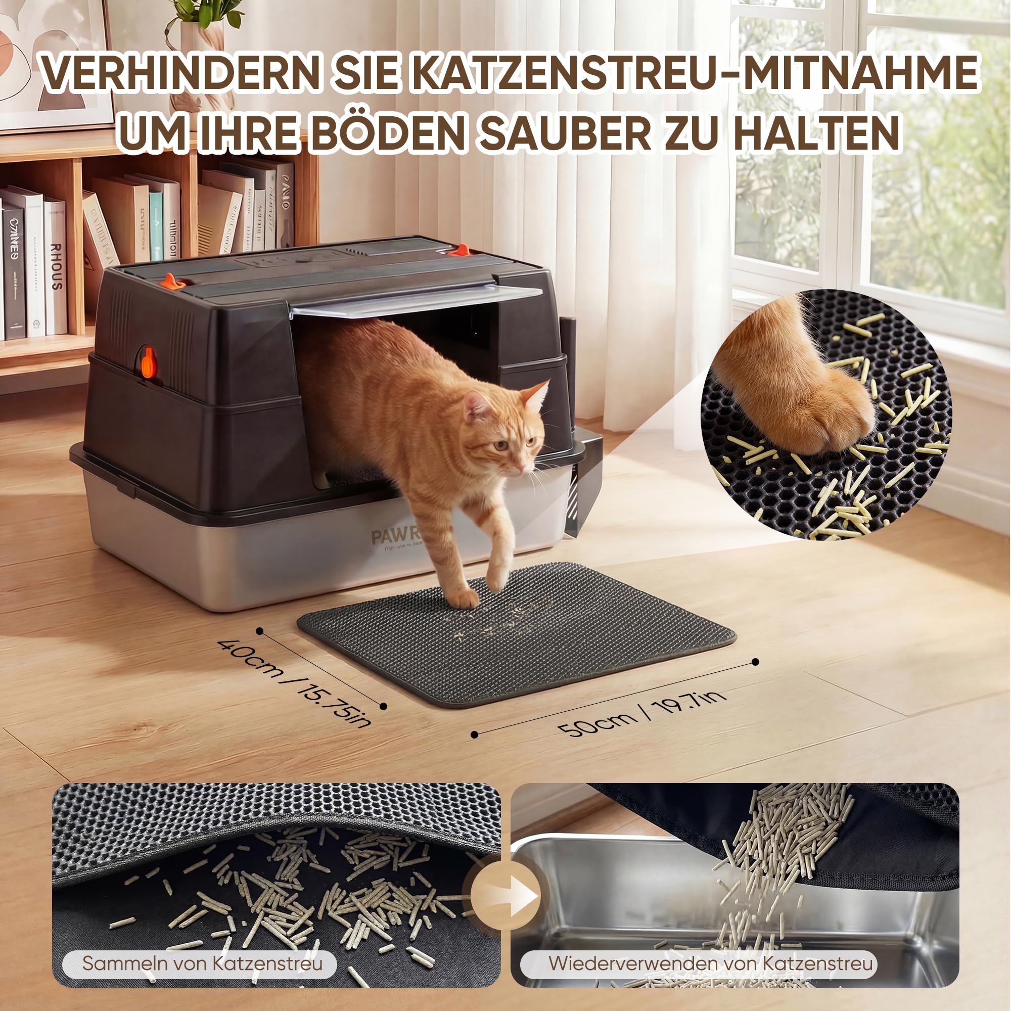XL Katzenklo aus V2A-Edelstahl mit Klappdeckel, geschlossen | V2A-Edelstahl, rostfrei, geruchsresistent, hoher Rand gegen Urinspritzer, leicht zu reinigen, Schaufel & Matte inklusive