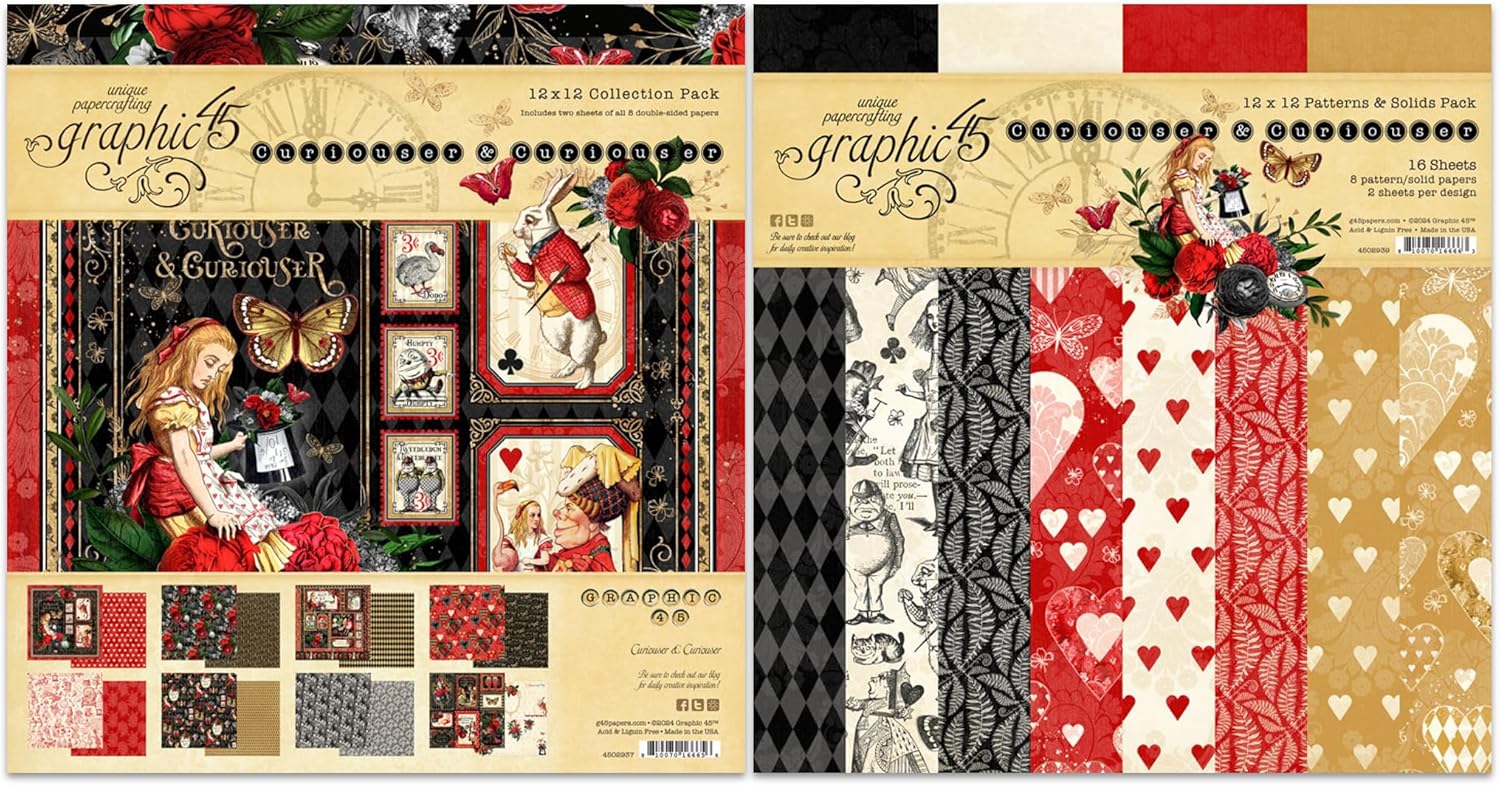 Graphic 45 Curiouser & Curiouser Paper Pack and Patterns & Solids Pack - 12x12 Decorative Papers - 2 Items