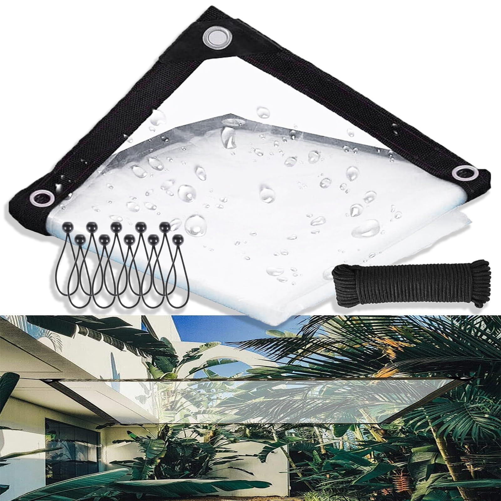 Bâche en plastique transparent – Bâche robuste avec œillets, bâche de clôture de tonnelle de patio, protection imperméable et neige – Rouleau de 4,6 x 8,1 m avec cordes