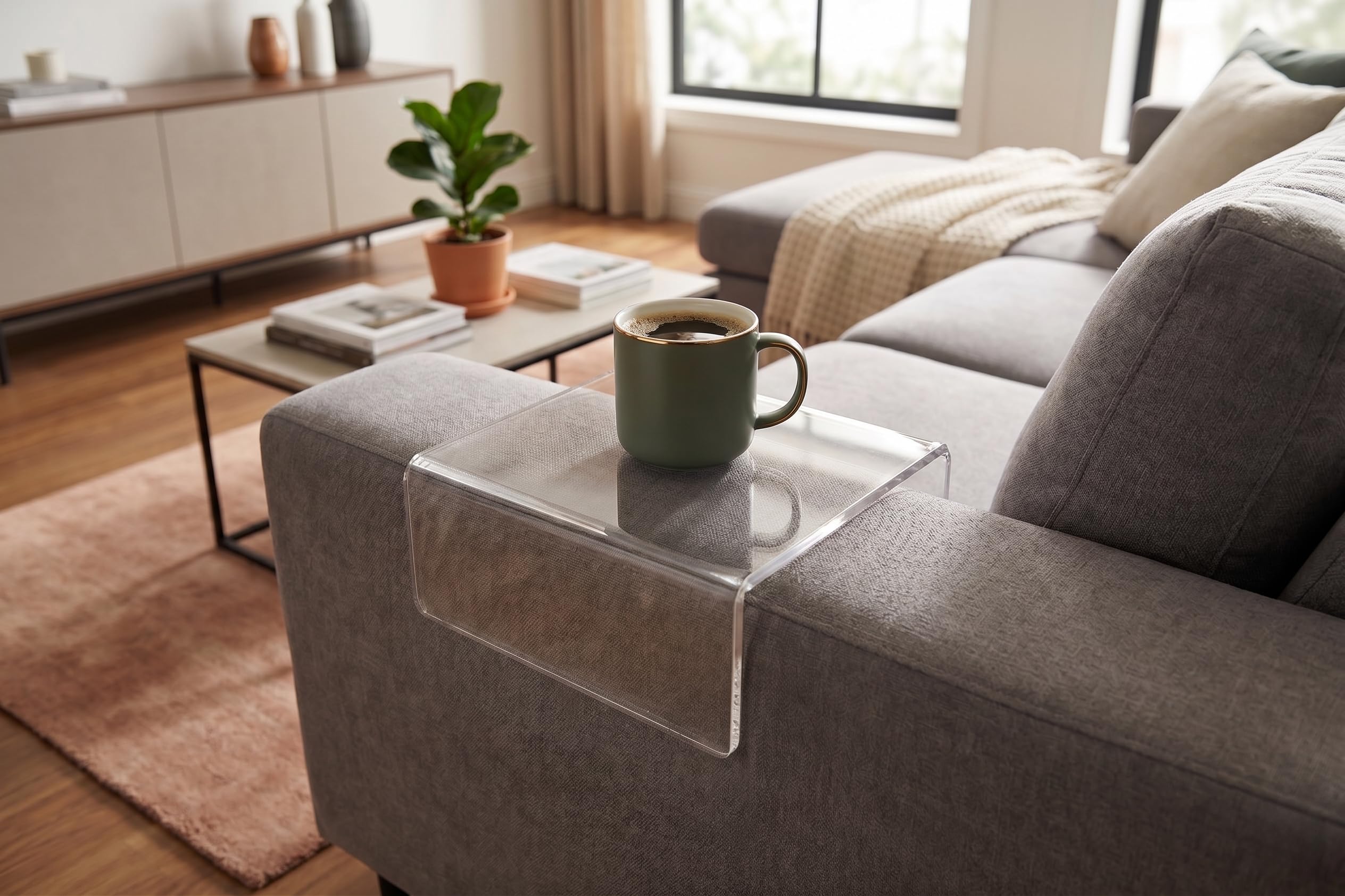 Armlehnenablage aus Acrylglas in 35 x 35 cm für modernes Wohnen. Elegantes Sofatablett, Couch, stabil und transparent | Armlehne Tablett