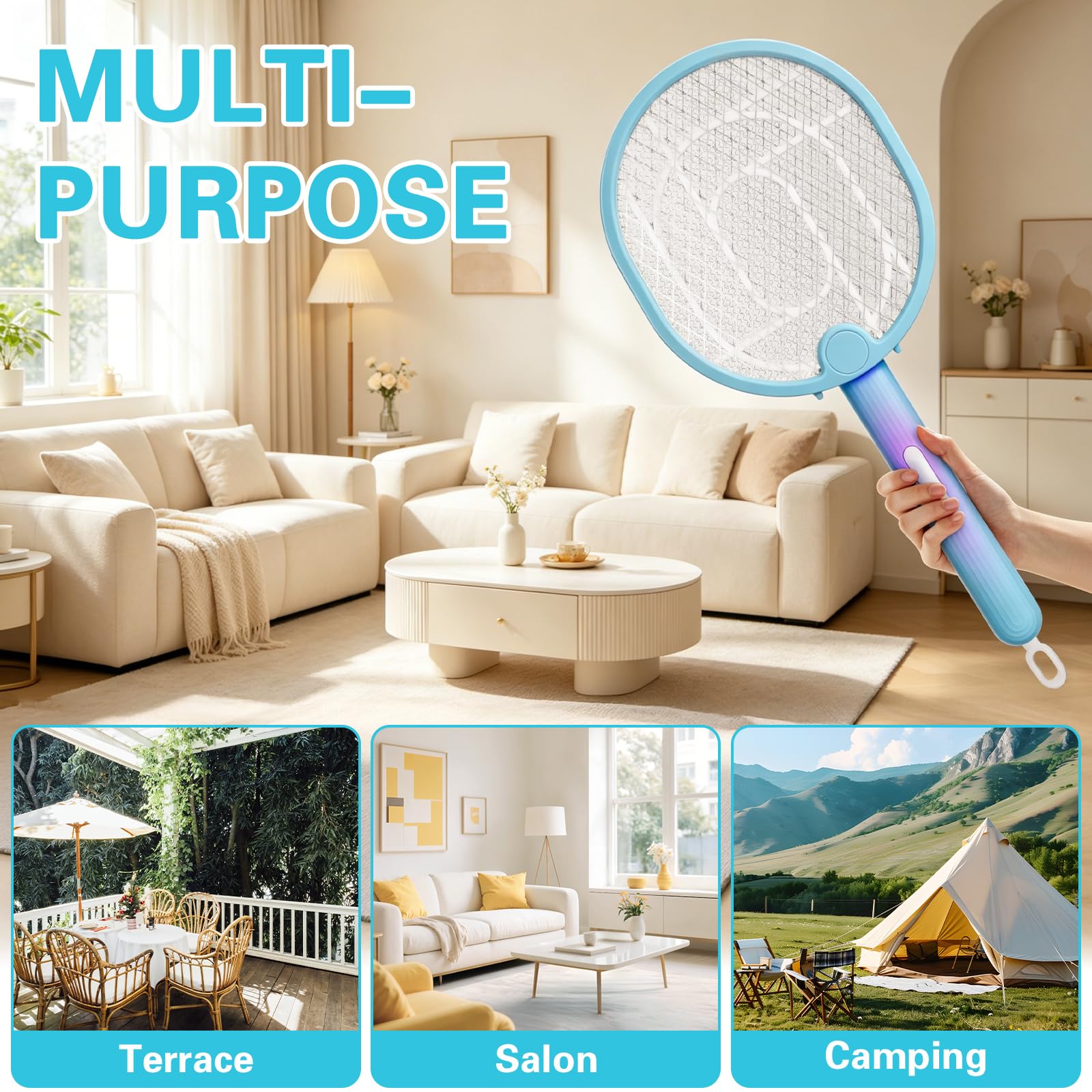 Raqueta Eléctrica Anti-Mosquitos Extra Potente 3000V, 3 en 1 con Luz UV Atractiva, Matamoscas Eléctrico Recargable USB-C, Silencioso, Plegable y Seguro para Dormitorio, Cocina y Jardín (Azul) — view 8