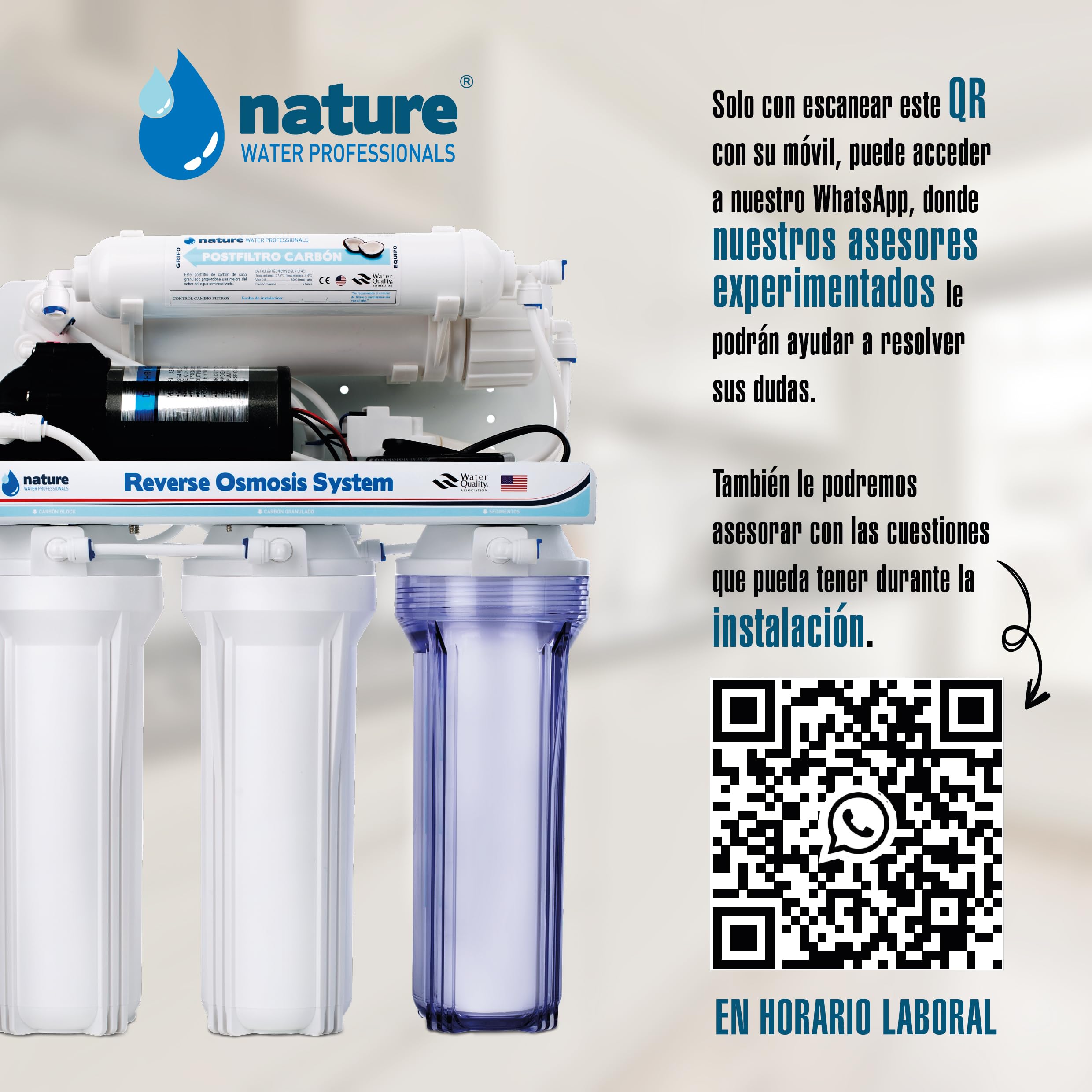 Equipo de Osmosis Inversa - Kit para Osmosis de 5 Etapas - Capacidad para 6 L - Incluye Membrana de 75GPD, Deposito de Agua, Bomba y Filtros - Nature Water Professionals