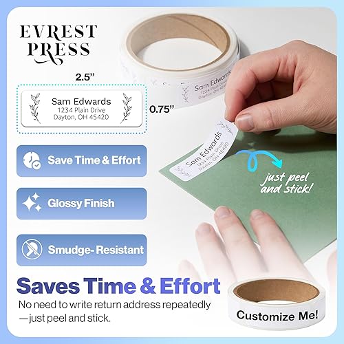 Vista 2 de 200 Personalized Address Labels - Glossy White Return Address Label 2.5" x 0.75'', Stylish Fonts for Envelopes & Packages, Customizable Labels for