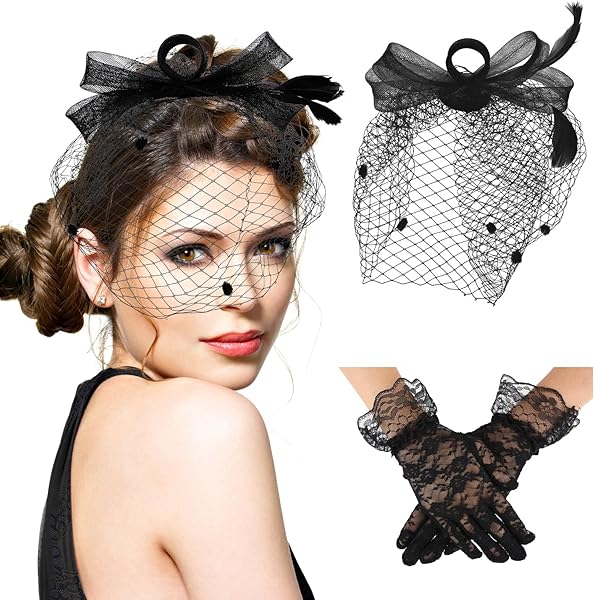 Sibba Fascinator with Lace Gloves and Feather