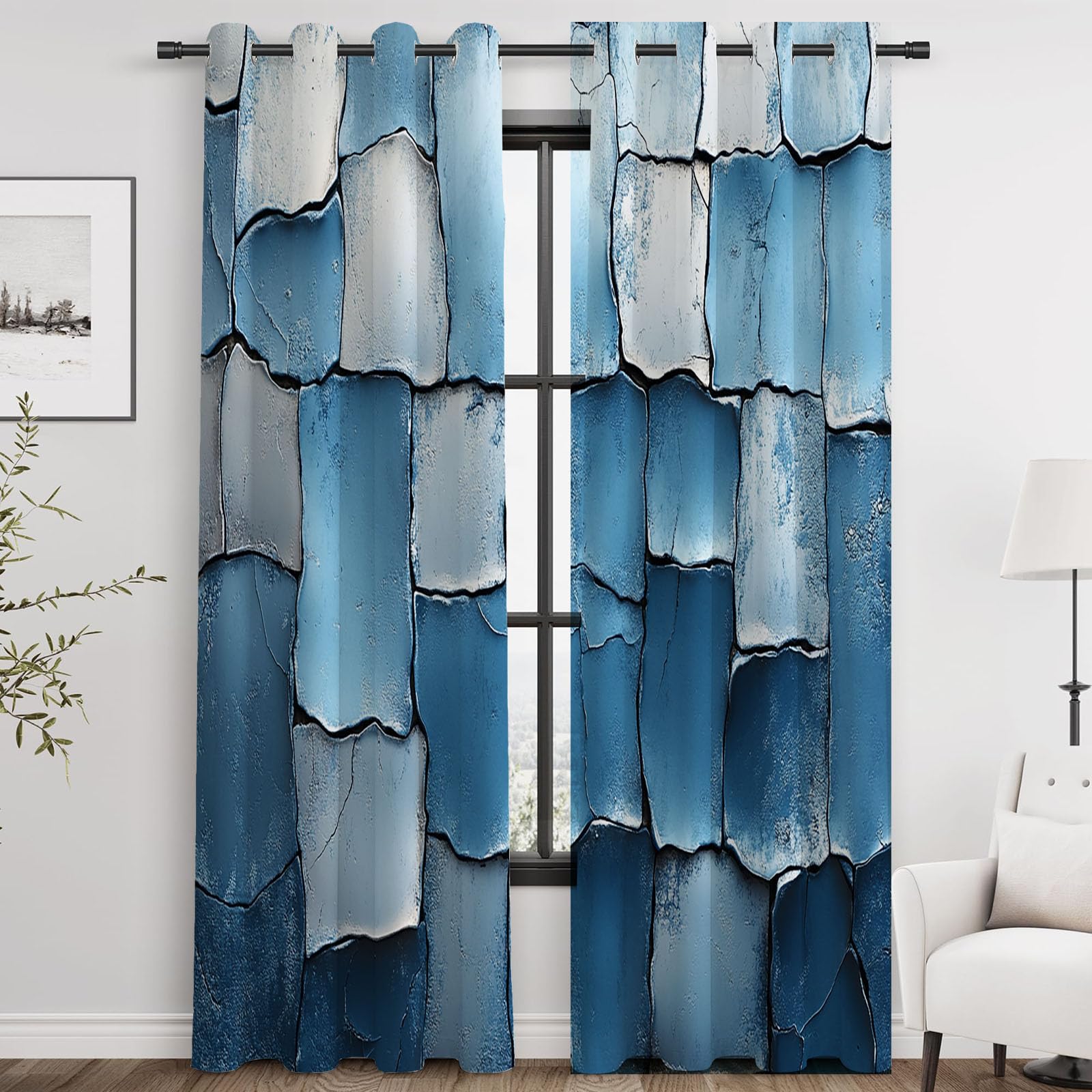 Vorhänge Blickdichte Modern Abstrakt - Rissige Blaue Steinfliesen-Optik Geometrisch Minimalist Vorhänge Schlafzimmer Fenstervorhang-H180 x B140 cm (2er Pack)