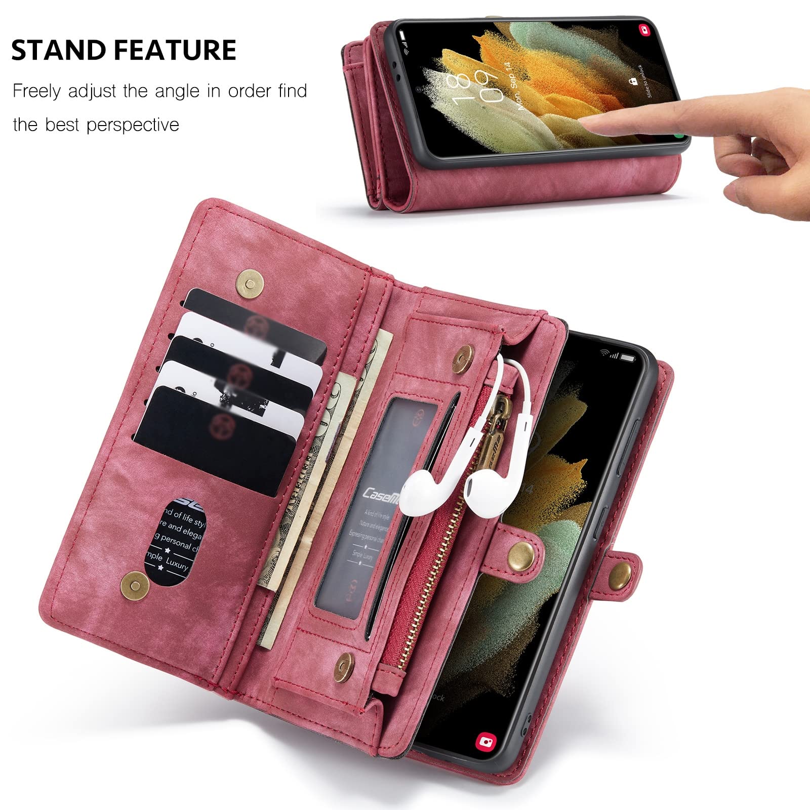 Etui do Samsung Galaxy S22/S22 Plus/S22 Ultra, etui ze skóry PU magnetyczne z klapką, zdejmowany pasek magnetyczny, zamek błyskawiczny, etui na karty, etui na telefon, czerwony, S22 6,1 cala
