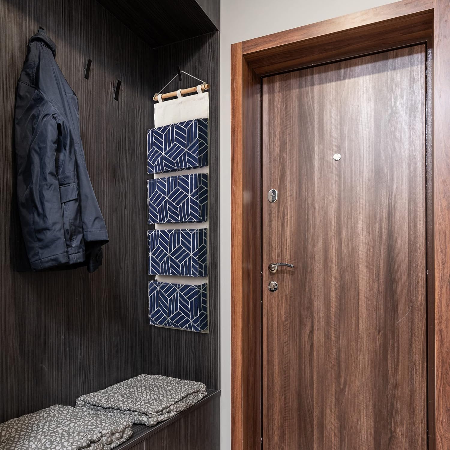 CROWNED 2Pcs Over Door Hanging Storage Bags Wall Mount Closet Organizer, 4 Big Pockets Linen Cotton Fabric Multi Functional Living Room Bedroom Bathroom File Magazine Waterproof Free Hooks Navy - Image 7