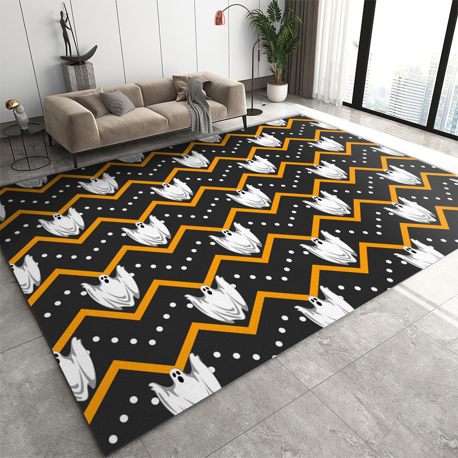 FIEMAR Area Rug 100 x 150 cm Scary White Ghost Area Rugs, Dots Orange Lines Halloween Carpet Indoor Non-slip and Noise Reduction, Suitable for Bedroom Living Room Dining Room Entryway Playroom Office