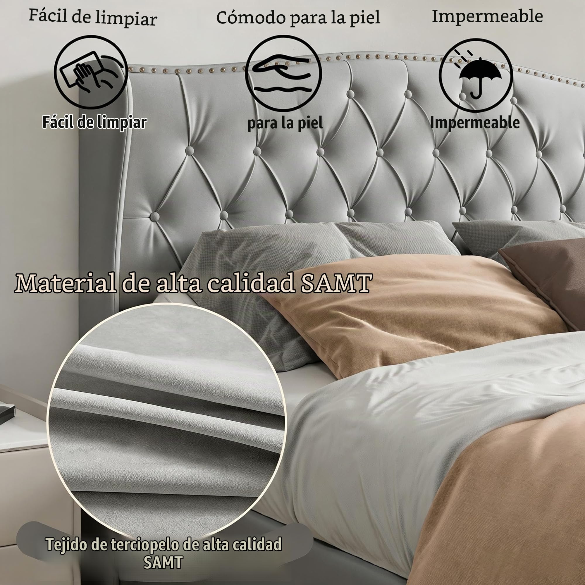 Cama matrimonial de 140 x 200 cm con patas de listones, cama con cajón de 140 x 200 cm con contenedor hidráulico, cama tapizada de 140 x 200 con cabecero para adultos y adolescentes (gris-1, 140 x 200