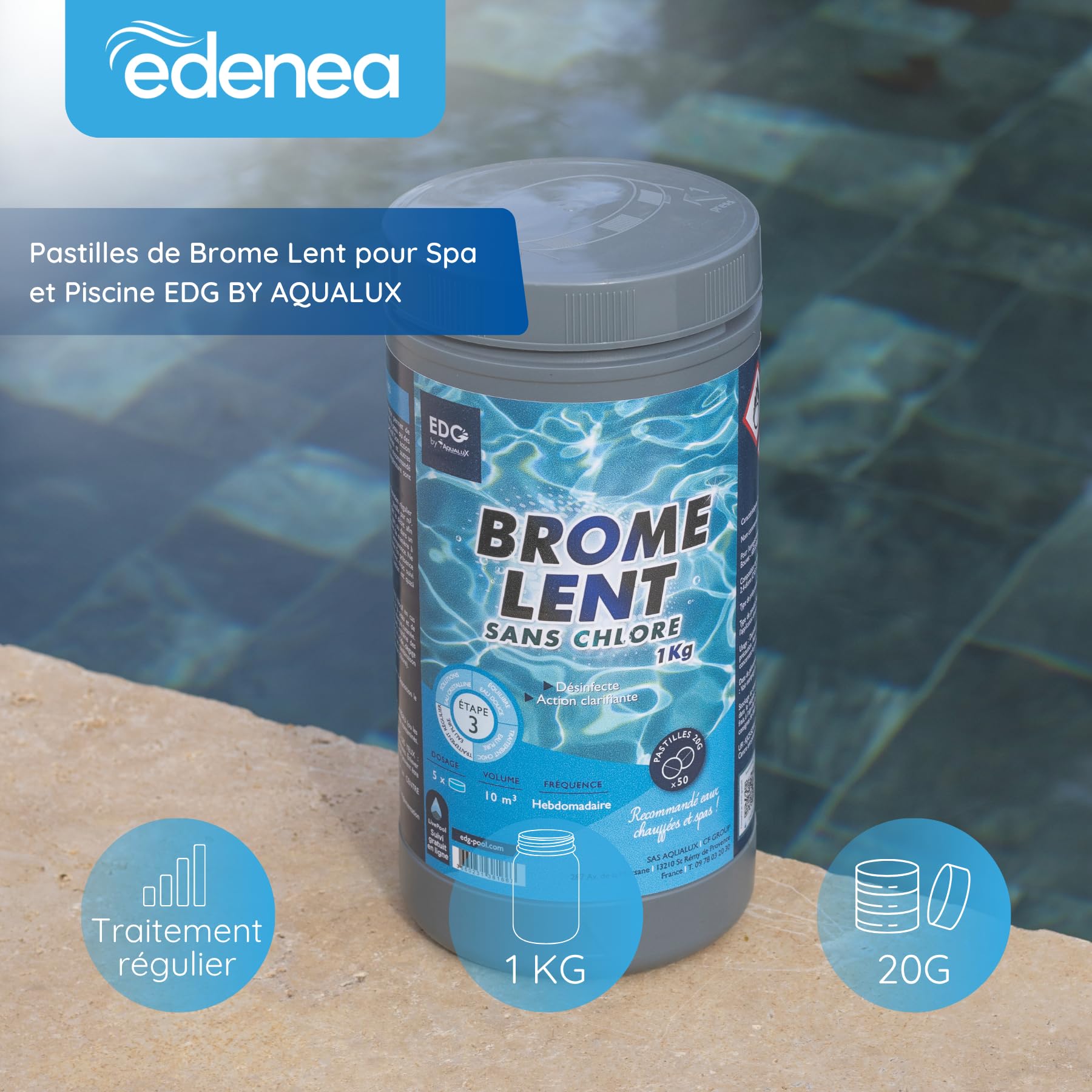 Brome Spa et Piscine - Pastille 20g - Boite 1 kg - Désinfection Lente et Permanente sans Chlore - Ce Produit est destiné au Grand Public