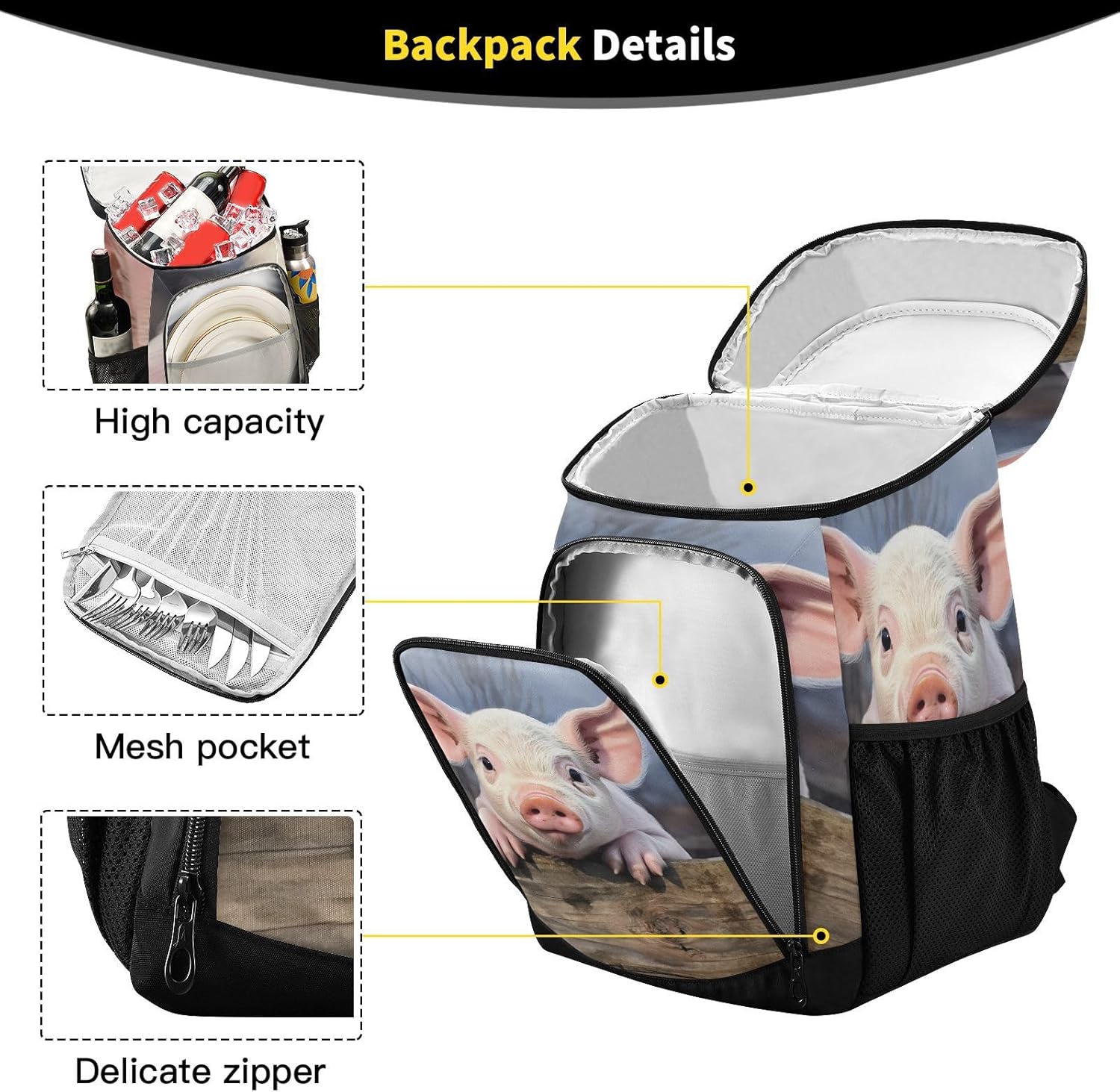 Cute Pig Cooler Backpack 36 Cans Leakproof Waterproof Backpack Cooler Bag Beach Accessories for Women and Men Travel Camping Fishing Backpack