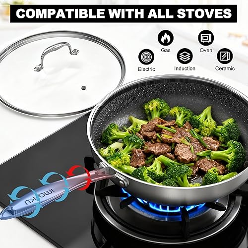 Miniatura 4 de imarku Sartenes antiadherentes, sartén de acero inoxidable de 12 pulgadas, sartén híbrida con tapa, sartén profunda y grande, apta para lavavajillas