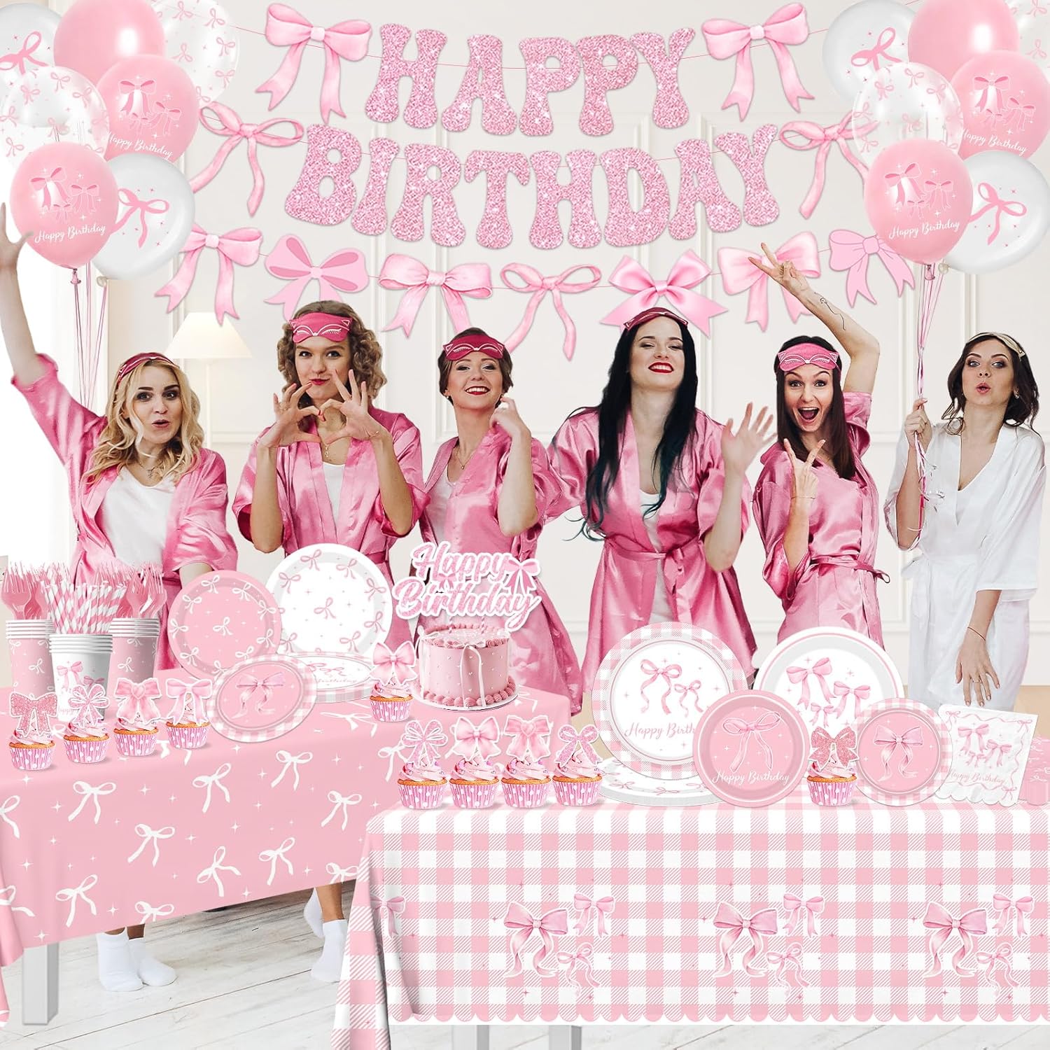 Pink Bow Birthday Decorations Serve 24, Coquette Birthday Decorations Tableware Sets Include Plates Napkins Cups Banner Balloons Tablecloth Cake Topper for Girls Party Supplies
